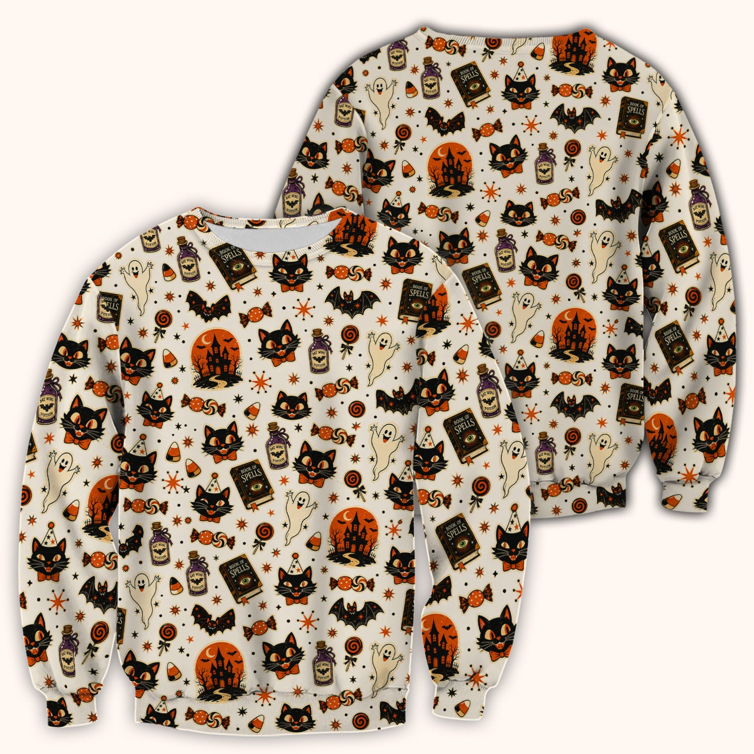Halloween Black Cat with Ghost Candy Print Scrub Top, Comfortable Scrubs for Nurses