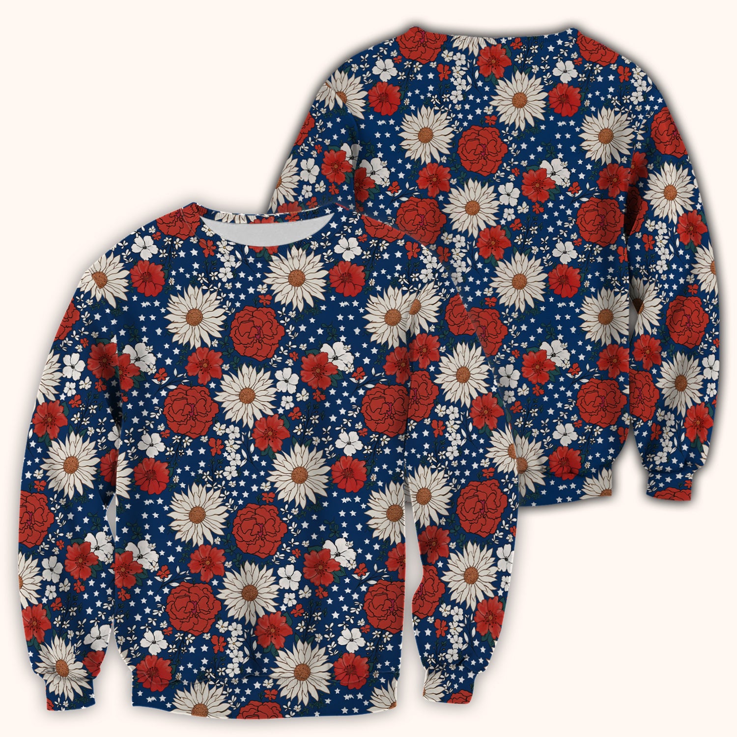 Red White Blue Floral Pattern Scrub Top, Comfortable Scrubs for Nurses