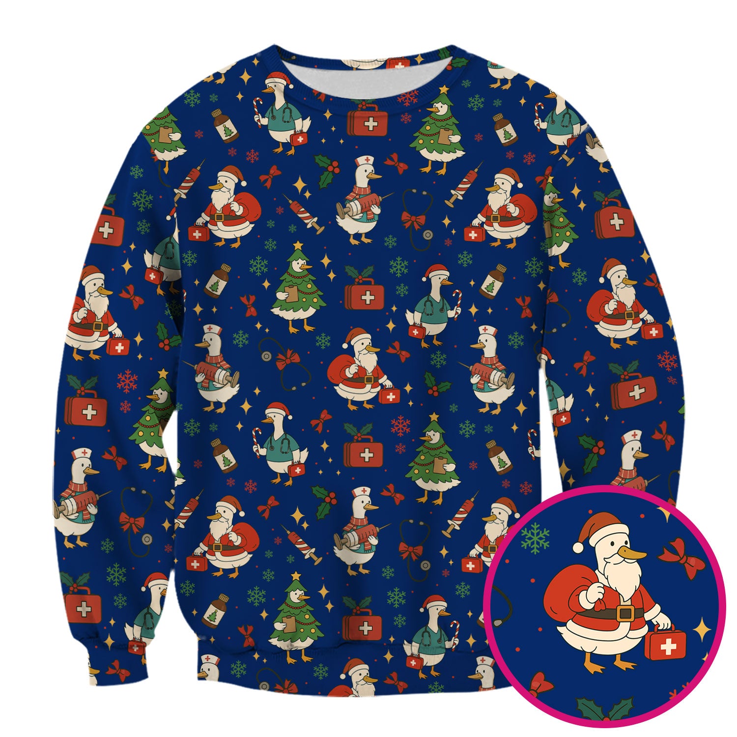 Christmas Duck Nurse Scrub Top for Women - Cute Santa Claus Pattern - Funny Holiday Nursing Shirt Gift for RN LPN CNA