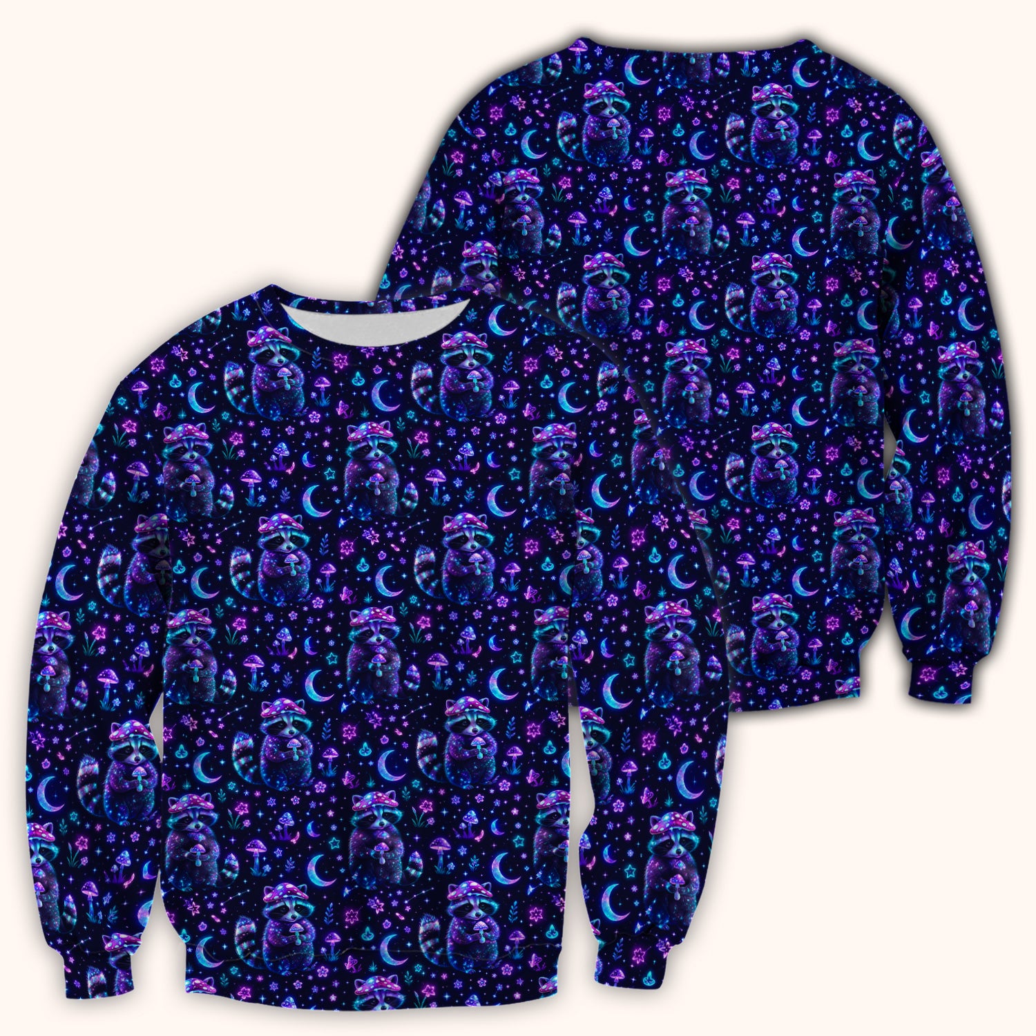 Neon Mushroom Raccoon Moonlight Pattern Scrub Top, Comfortable Scrubs for Nurses