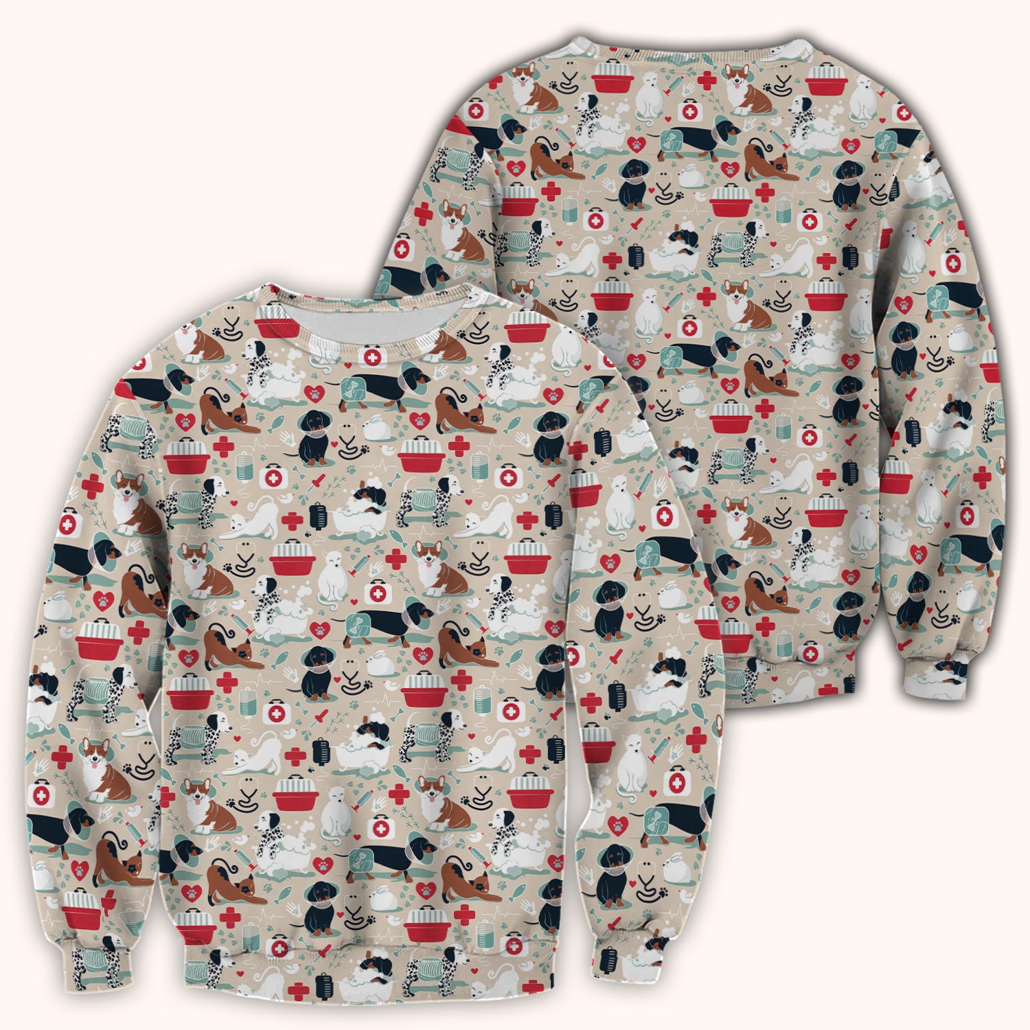 Dogs With Veterinary Tools And Paw Print Scrub Top, Breathable Fabrics Nursing Uniform