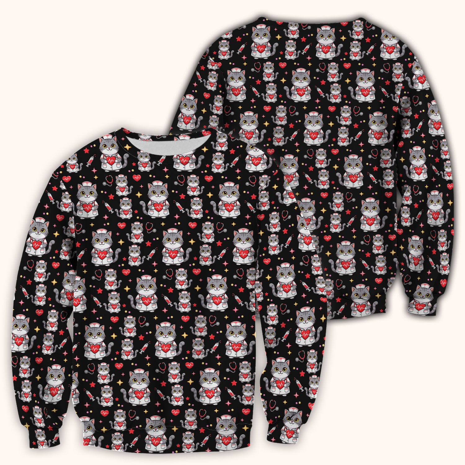 Cute Nurse Cat Heart Medical Print Scrub Top, Comfortable Scrubs for Nurses