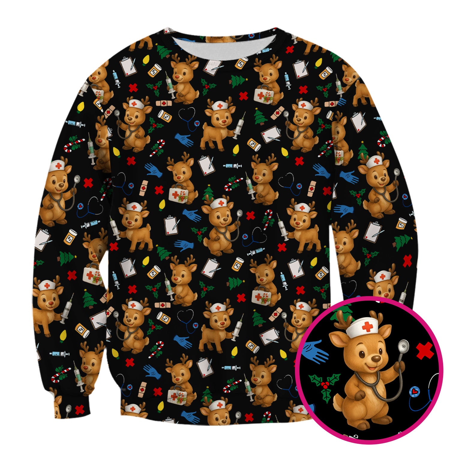 Cute Reindeer Pattern Christmas Scrub Top - Funny Holiday Nurse Scrubs for Women - Medical Christmas Print with Deer and Stethoscope Design