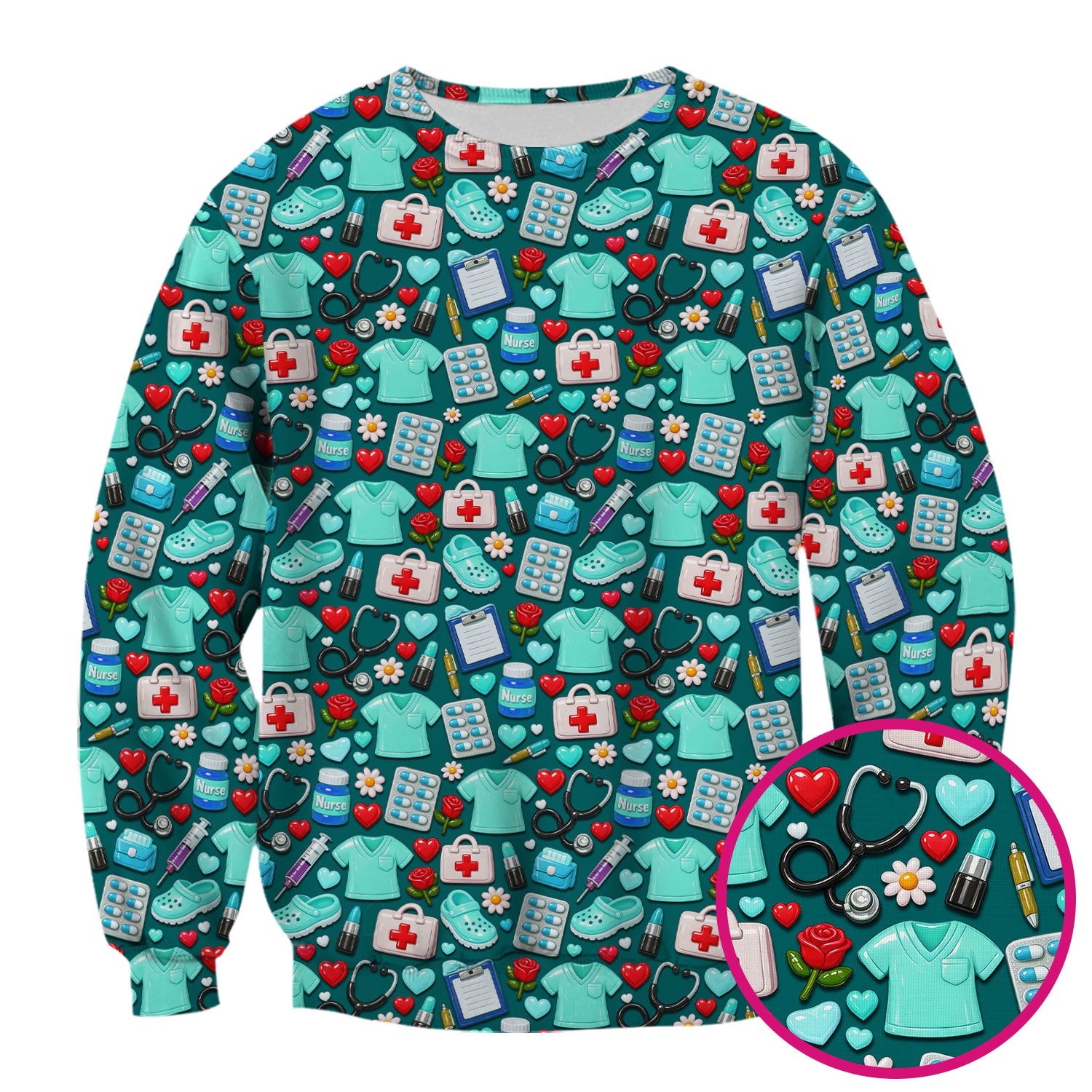 Medical Icons Scrub Top, Cute Pattern Nurse Shirt, Breathable Fabrics Nursing Uniform