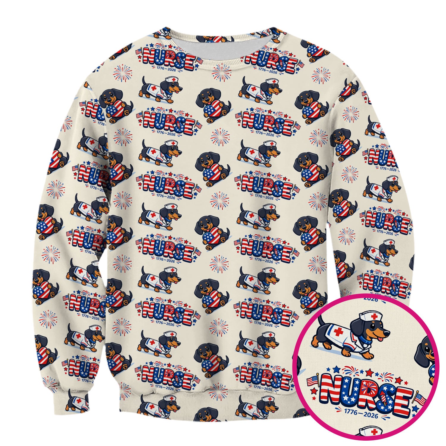 Proud Nurse Patriotic Dachshund Medical Firework Pattern Scrub Top, Comfortable Scrubs for Nurses