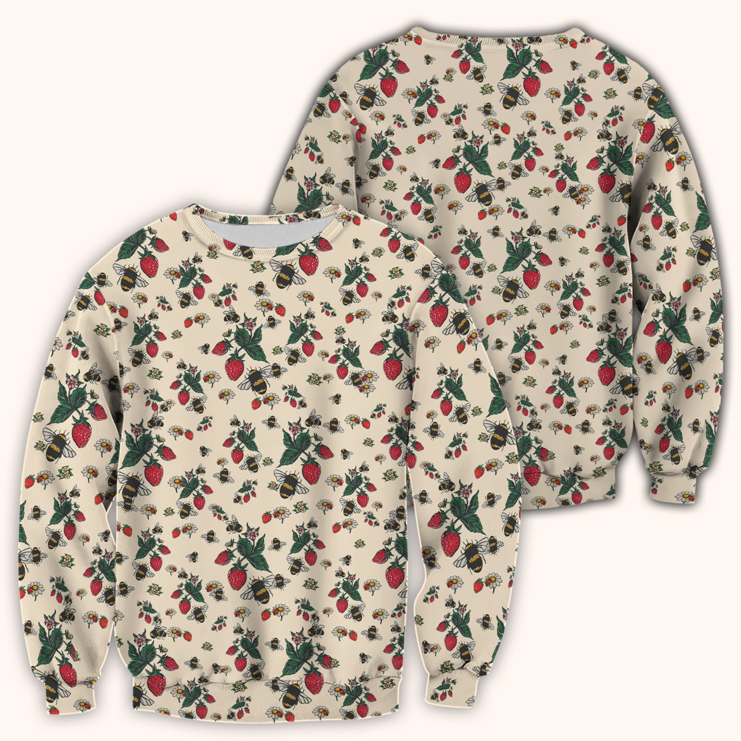 Cute Strawberry Bee Daisy Floral Pattern Scrub Top, Comfortable Scrubs for Nurses