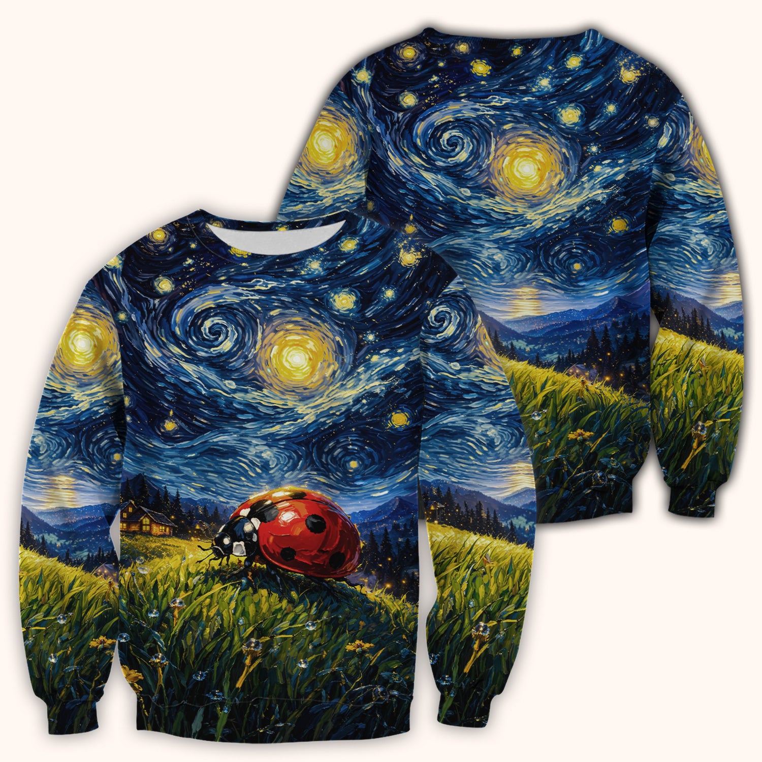 Swirl Night Sky Ladybug Landscape Art Print Scrub Top, Artistic Nature Nursing Uniform for Women