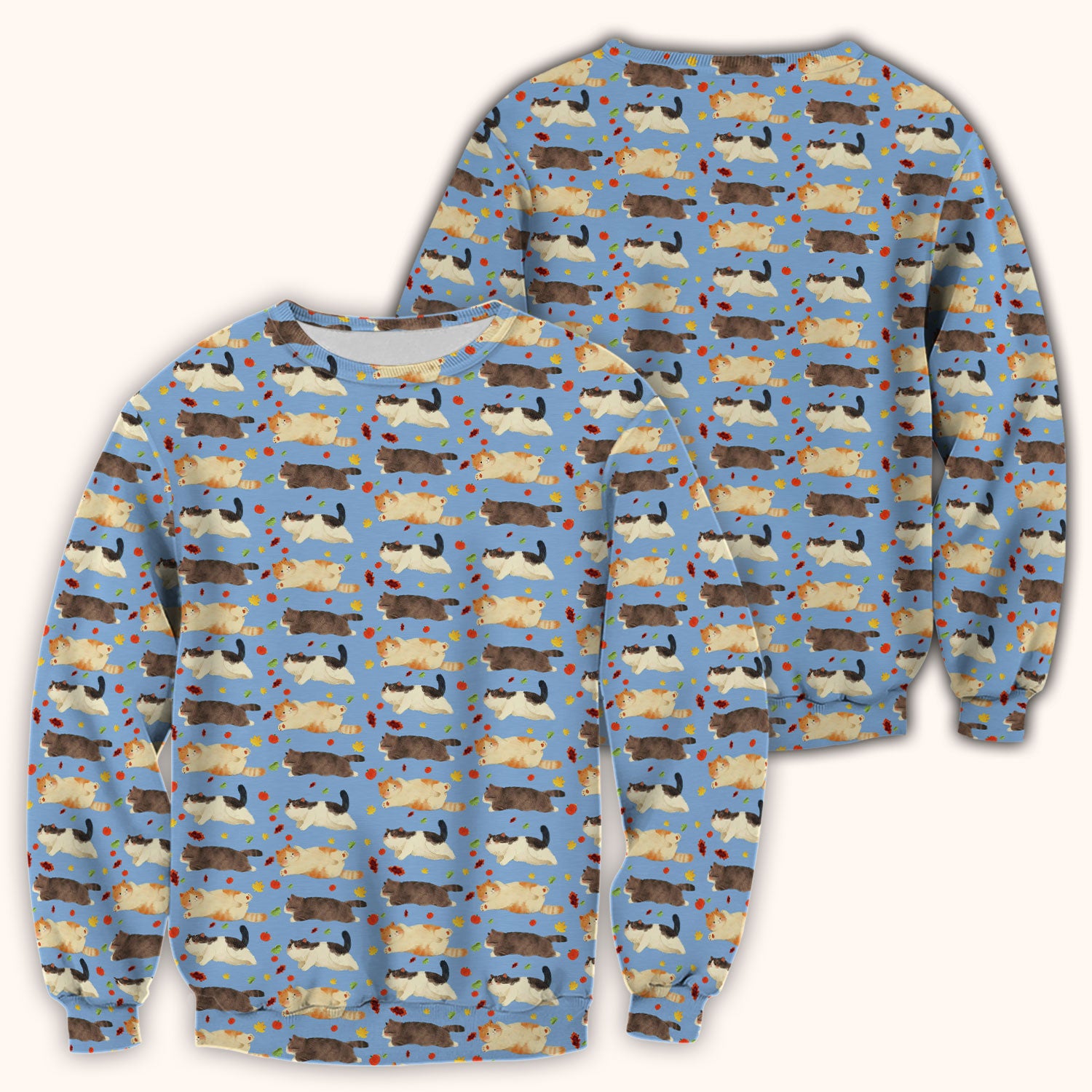 Chubby Cat Autumn Leaves Print Scrub Top, Breathable Fabrics Nursing Uniform