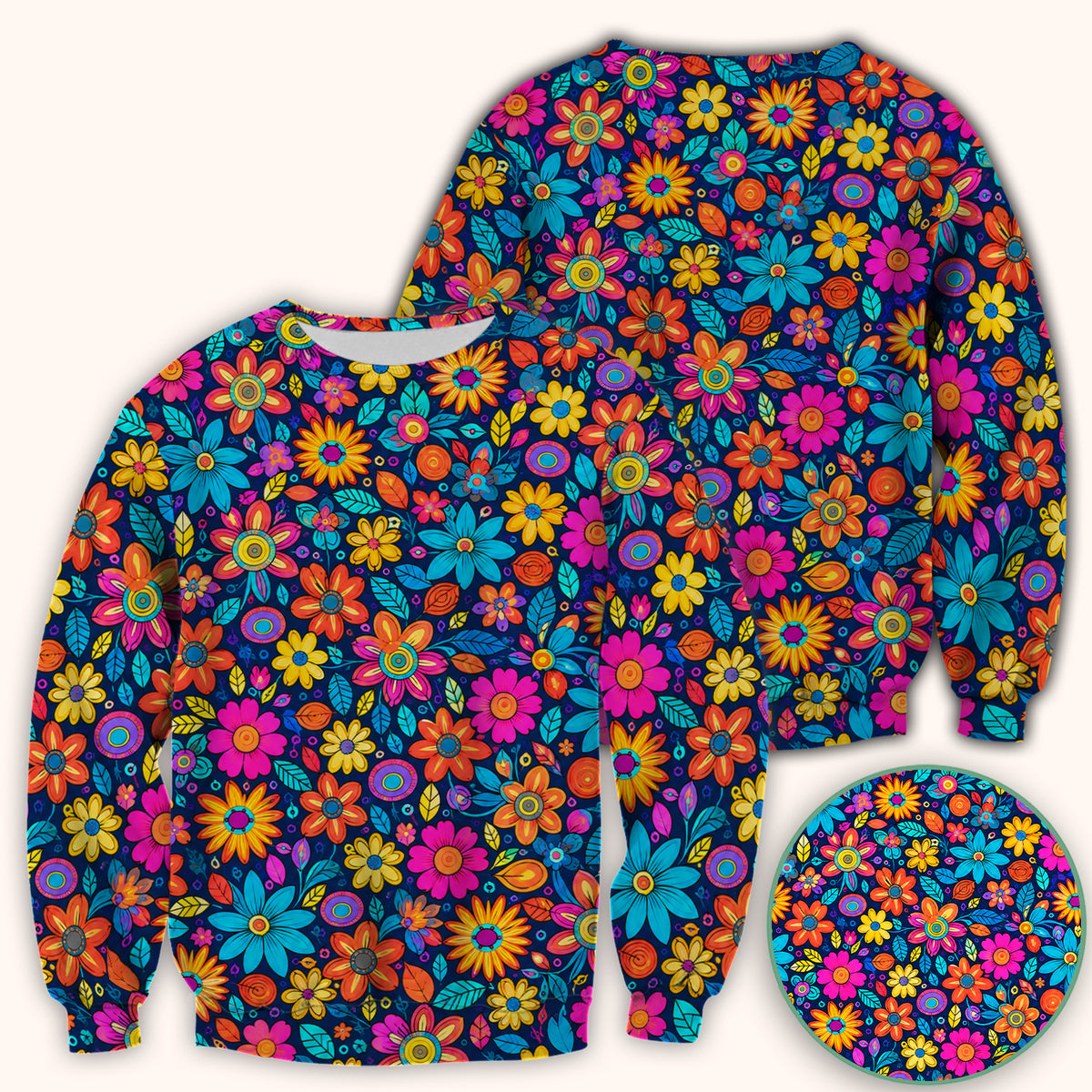 Vibrant Retro Floral Doodle Pattern Scrub Top, Comfortable Scrubs for Nurses