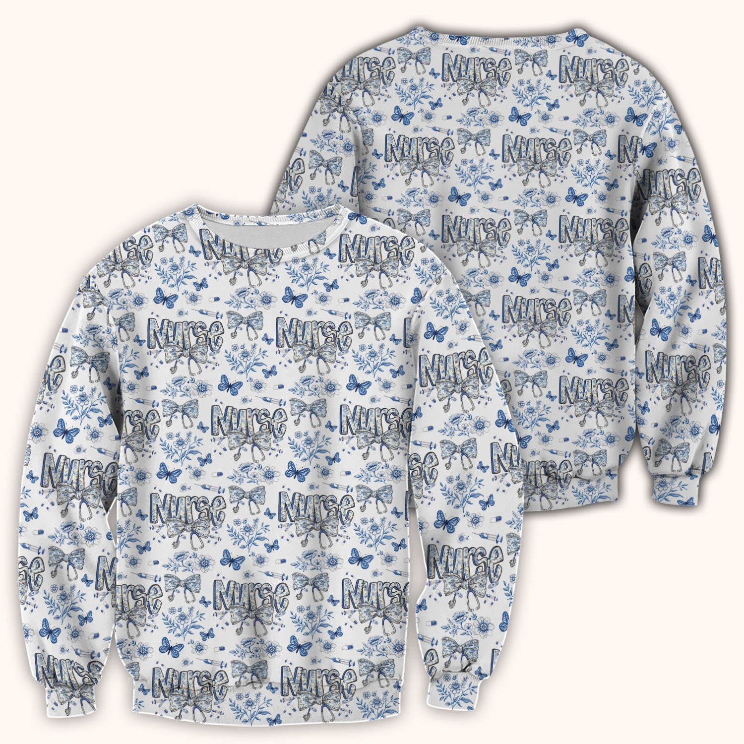 Blue Nurse Letter Bow Butterfly Floral Print Scrub Top, Comfortable Scrubs for Nurses