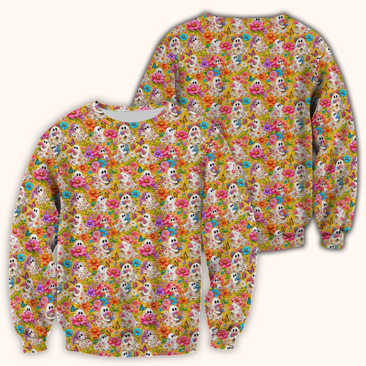 Cute Floral Ghosts And Butterflies Scrub Top, Comfortable Scrubs for Nurses