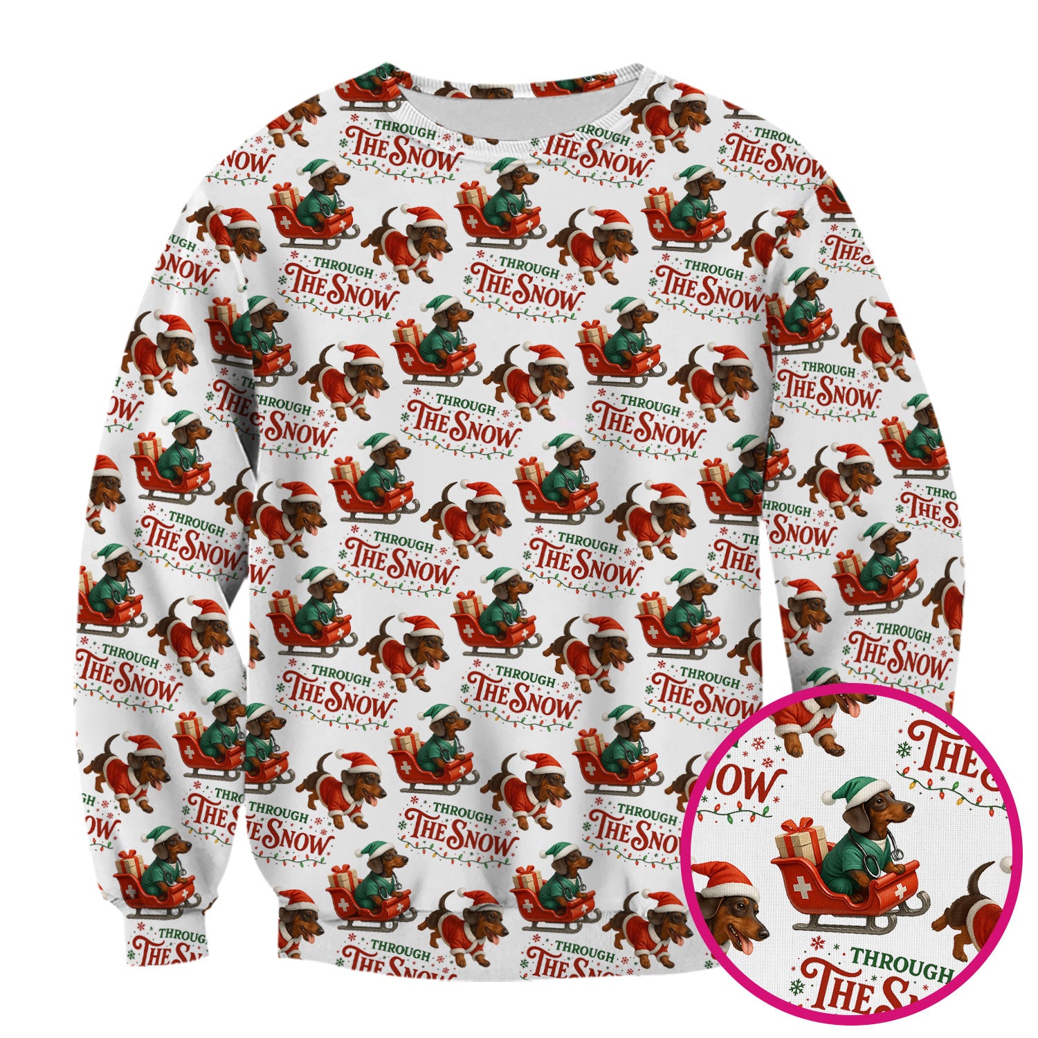 Dachshund Christmas Scrub Top, Cute Dog Nurse Scrub Shirt, Through The Snow Pattern Nursing Uniform