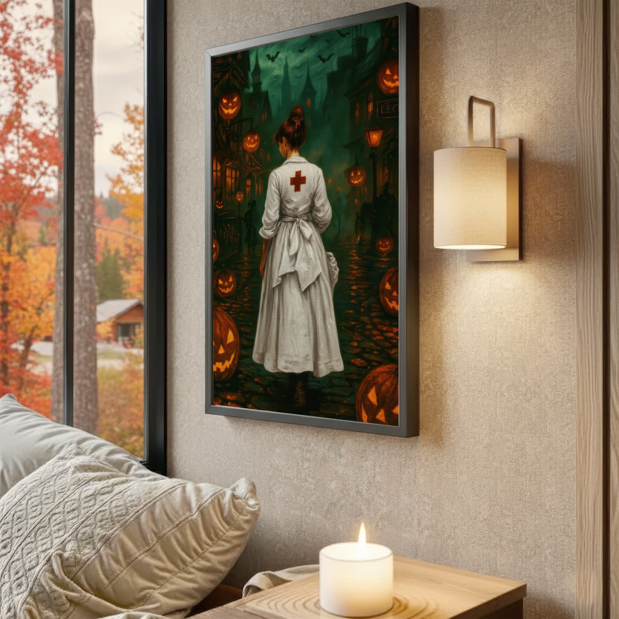 Creepy Vintage Nurse Canvas for Halloween, Haunted Street & Glowing Pumpkin, RN LPN CNA Gift
