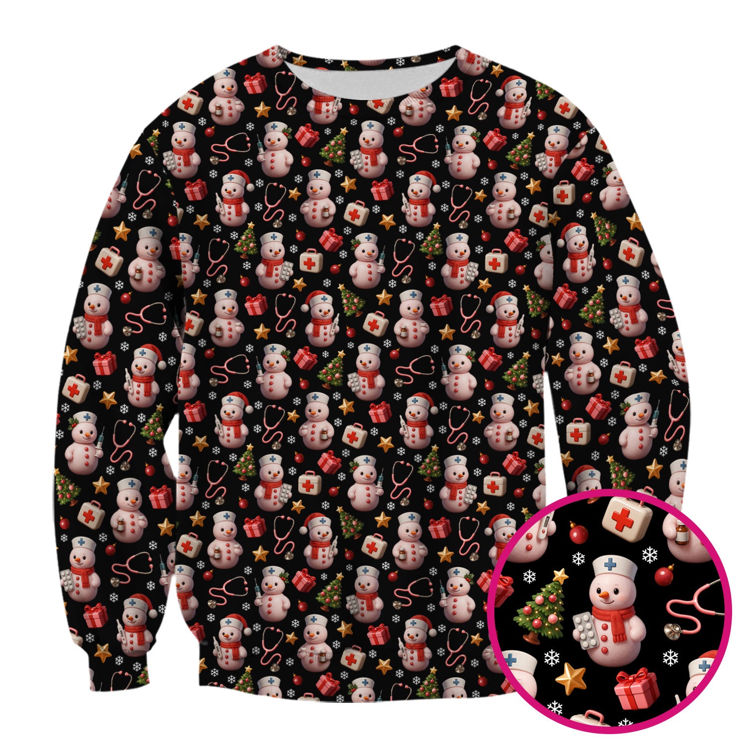 Cute Snowman Christmas Scrub Top - Holiday Pattern Medical Shirt for Women - Funny Xmas Nurse Gift for RN LPN CNA