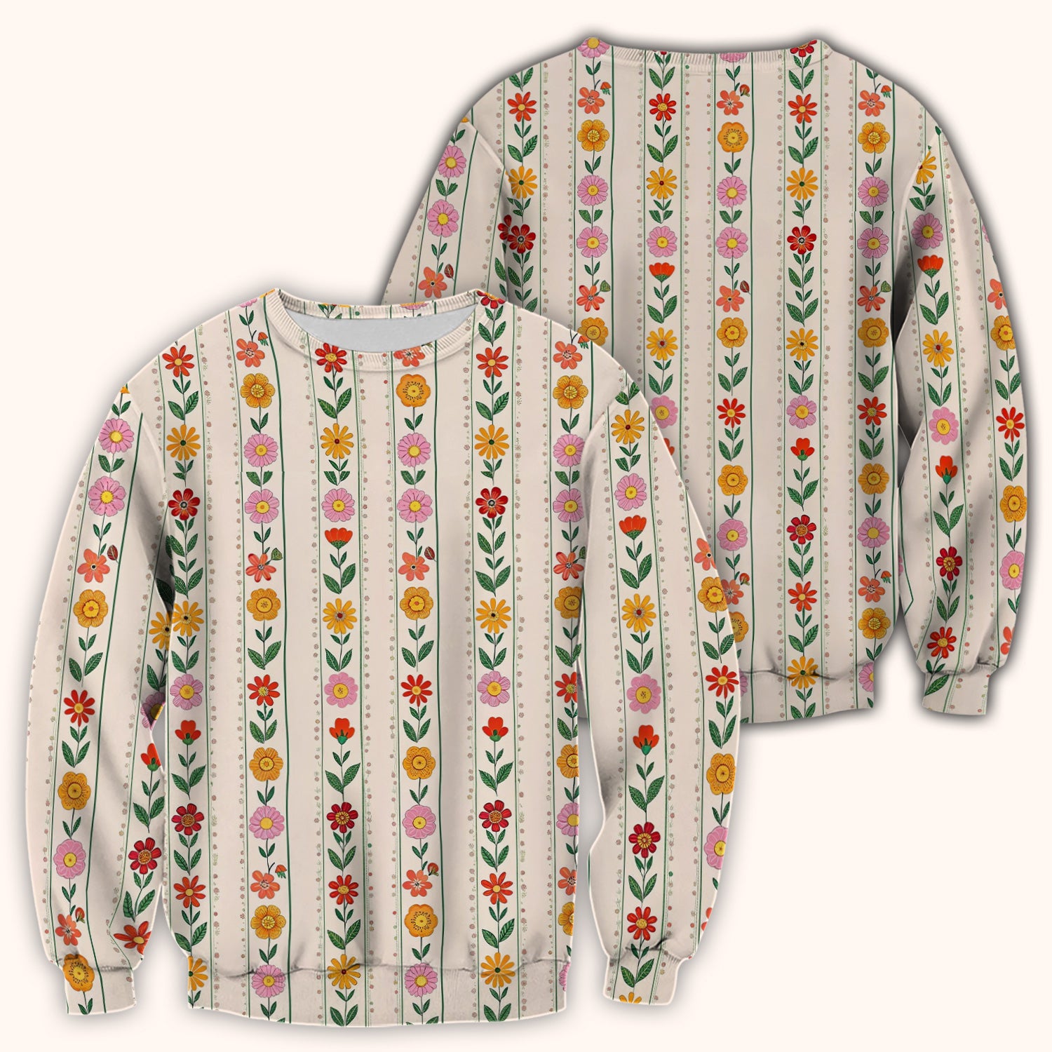 Retro Floral Stripe Nurse Scrub Top for RN, CNA, Healthcare Workers, Garden Bloom Uniform