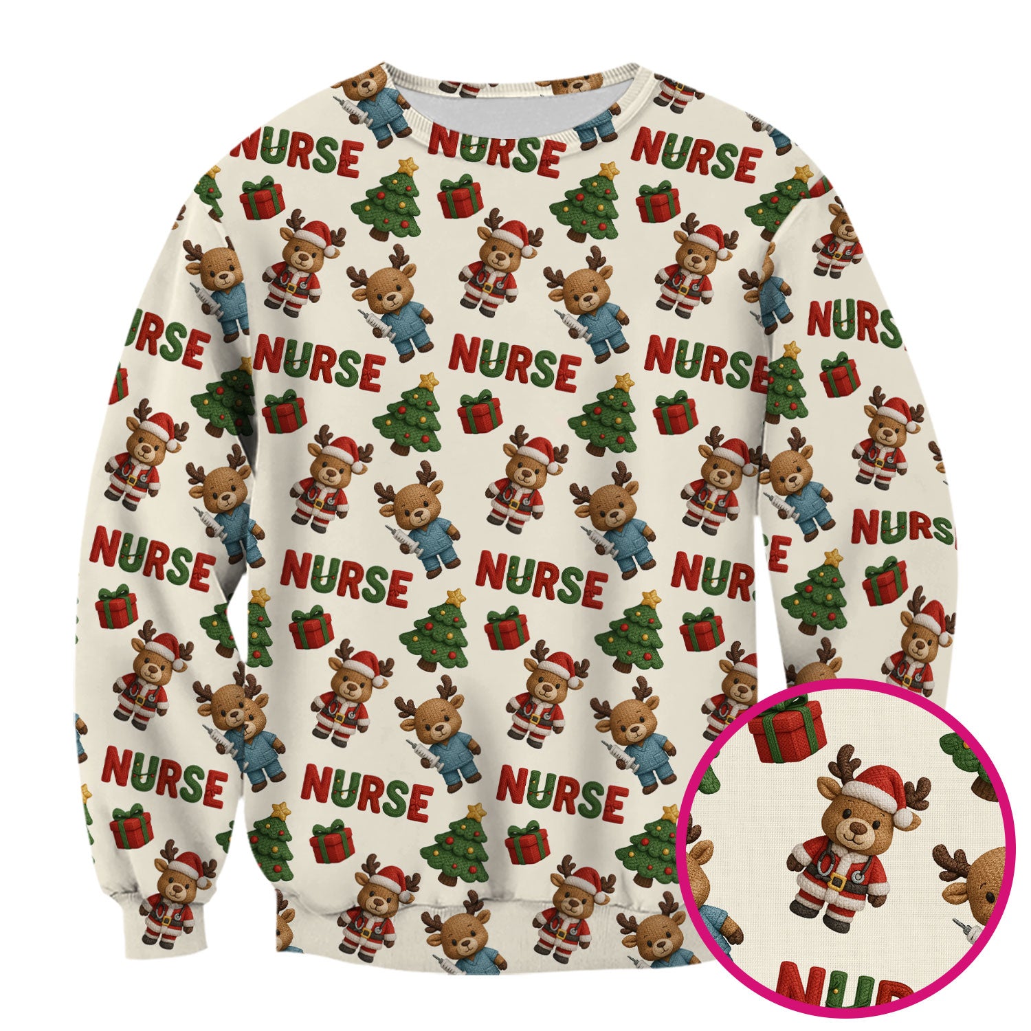 Reindeer Christmas Scrub Top, Cute Holiday Nurse Scrub Shirt, Festive Pattern Nursing Uniform