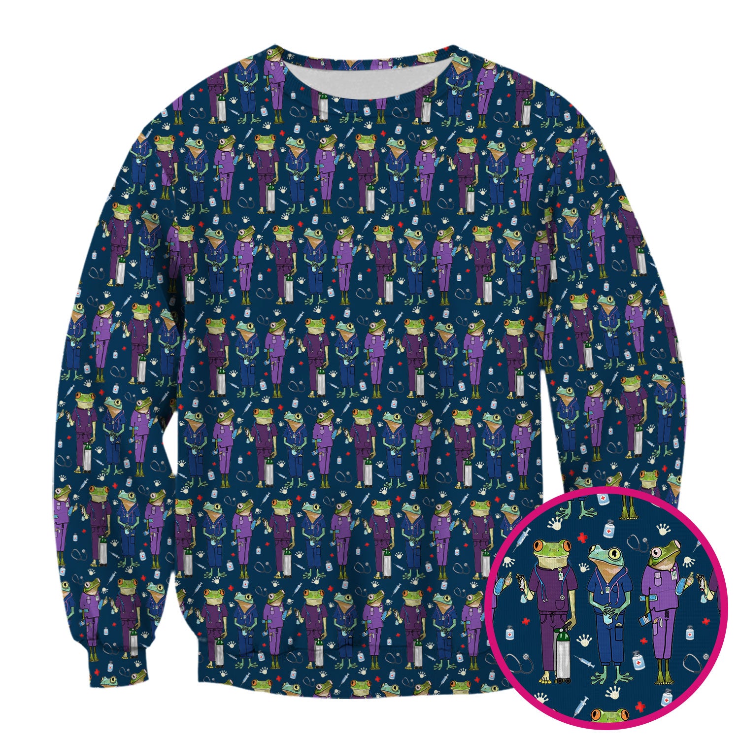 Funny Frog Nurse Pattern Scrub Top, Breathable Healthcare Uniform Top