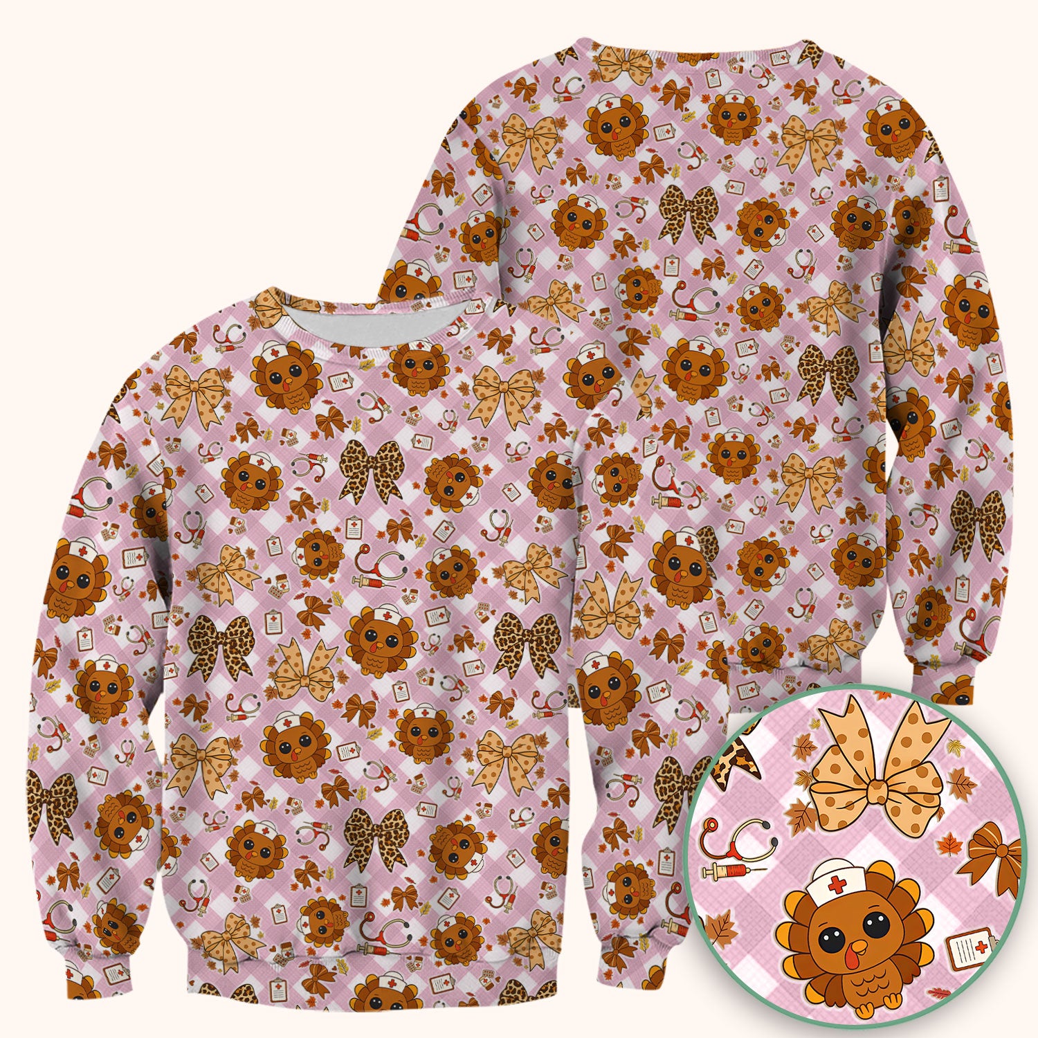 Thanksgiving Turkey Scrub Top for Nurses - Cute Fall Leaves and Bow Shirt - Funny Autumn Nursing Gift for Women RN LPN CNA