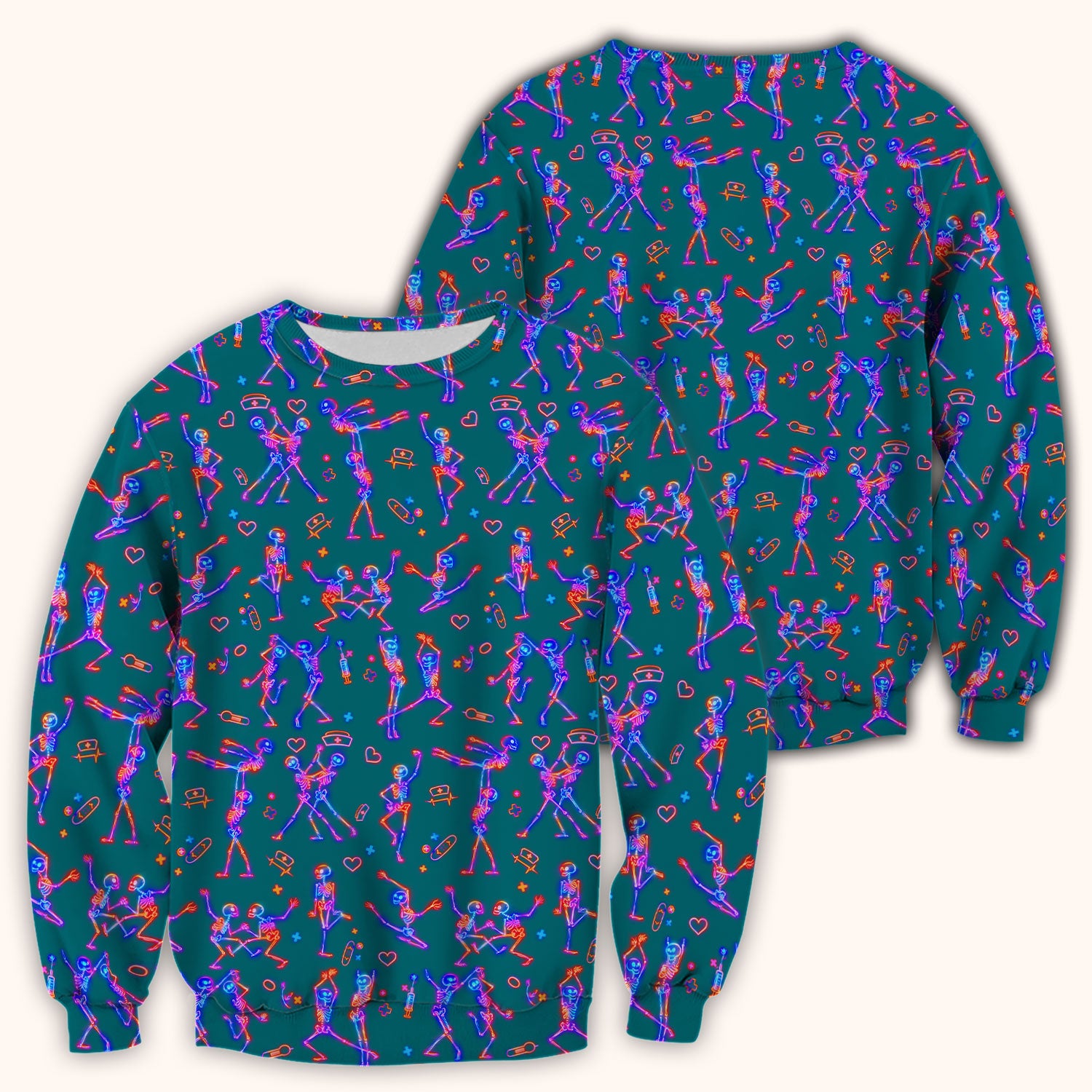 Neon Dancing Skeleton Medical Pattern Scrub Top, Comfortable Scrubs for Nurses