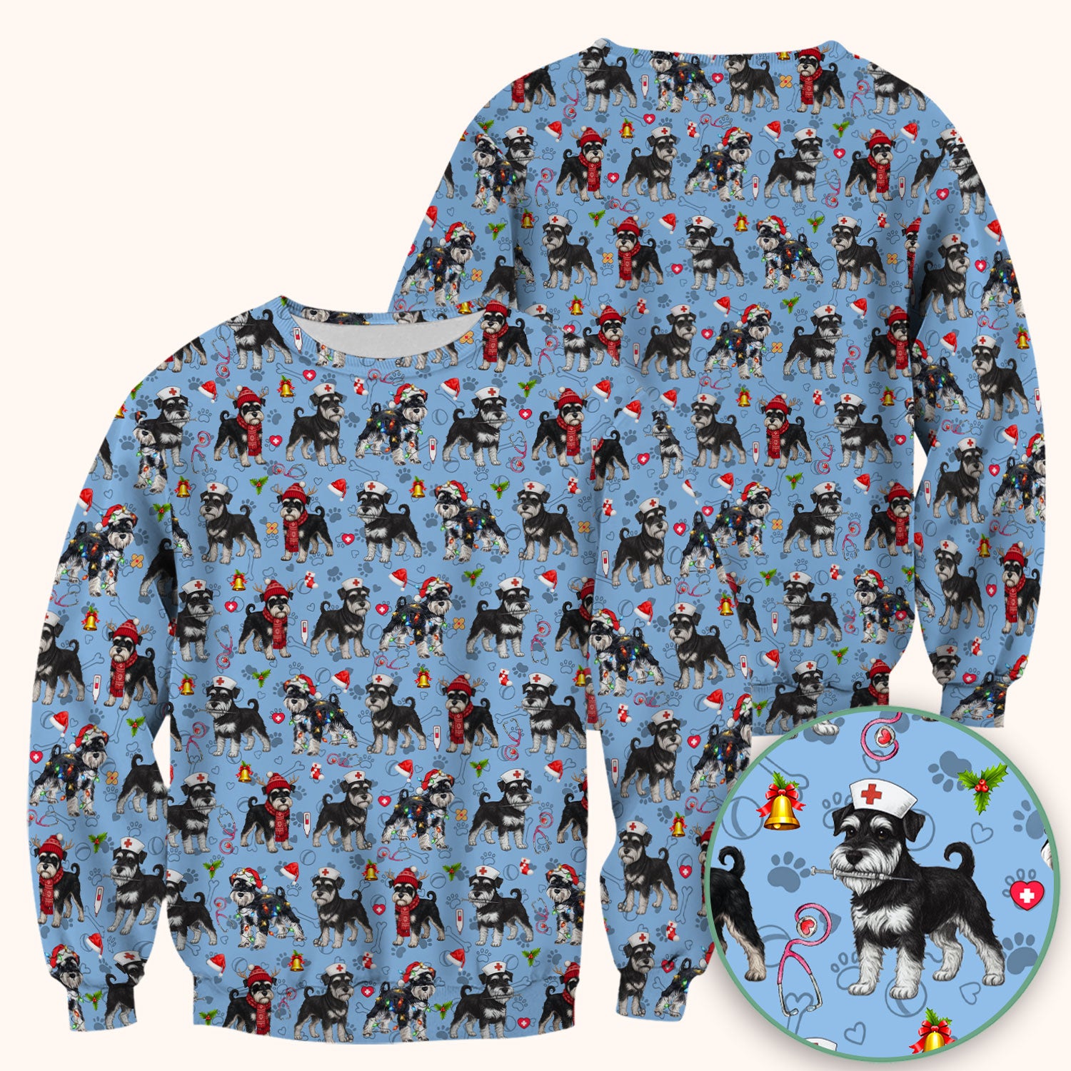 Christmas Schnauzer Scrubs for Nurses - Cute Dog Holiday Scrub Top - Funny Santa Nursing Medical Shirt for Women