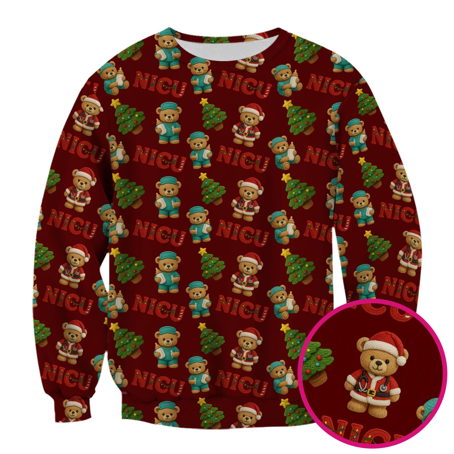 Festive Christmas NICU Nurse Teddy Bear Pattern, Breathable Fabrics Nursing Uniform