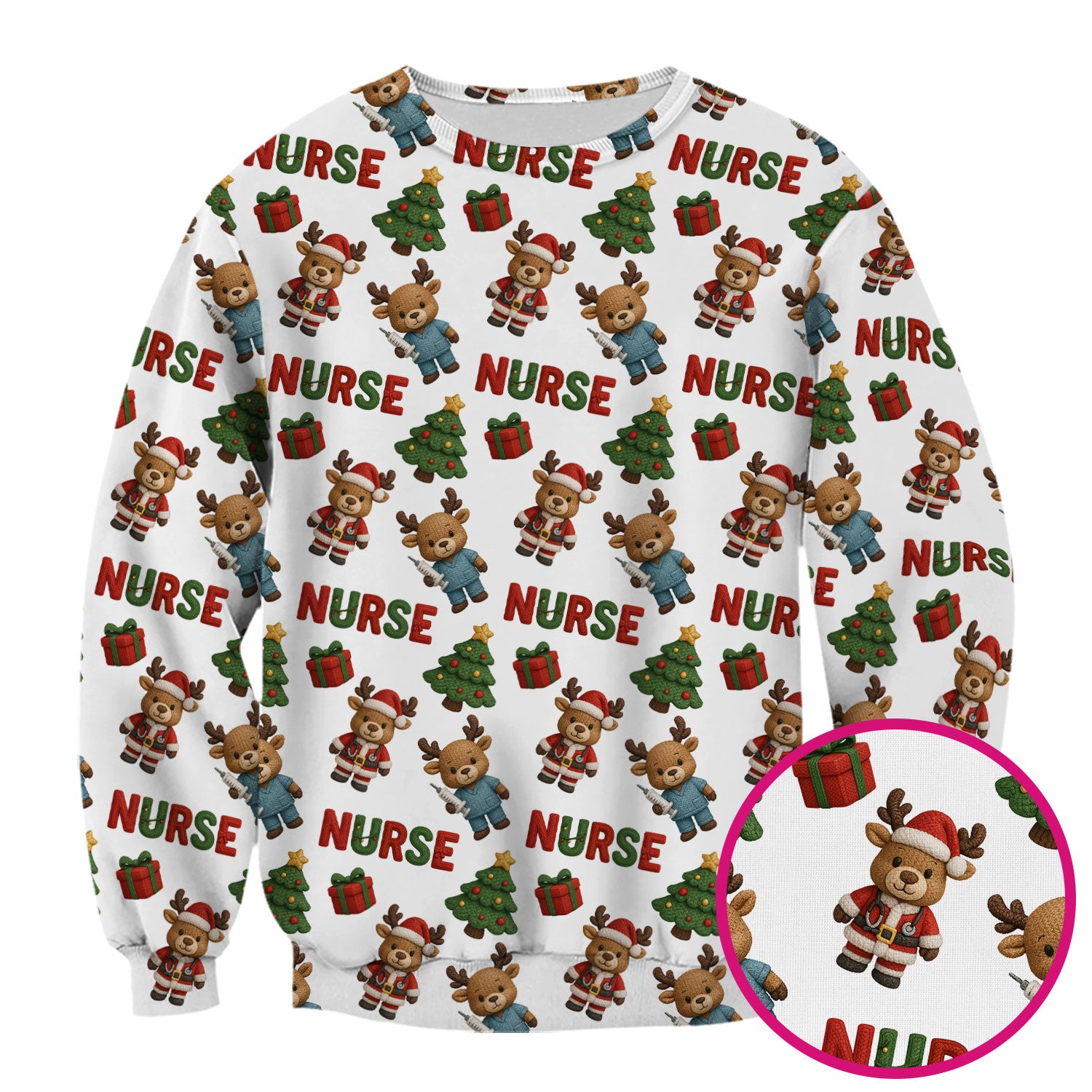 Reindeer Christmas Scrub Top, Cute Holiday Nurse Scrub Shirt, Festive Pattern Nursing Uniform