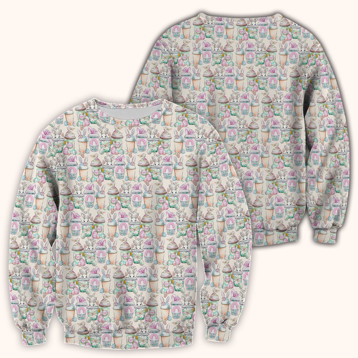 Cute Easter Bunny Coffee Cup Pattern Scrub Top, Comfortable Scrubs for Nurses