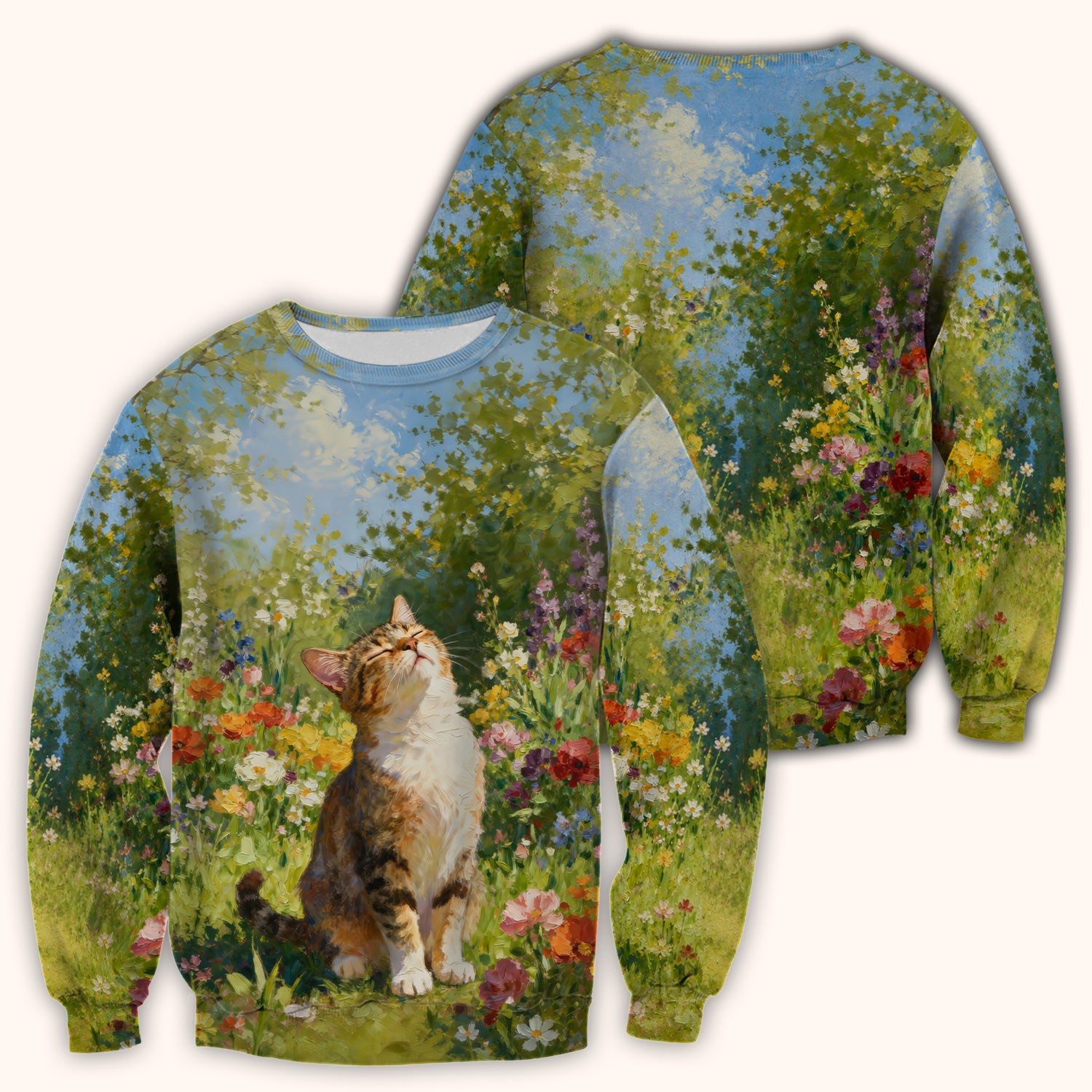 Whimsical Garden Cat Blossom Pattern Scrub Top, Comfortable Scrubs for Nurses