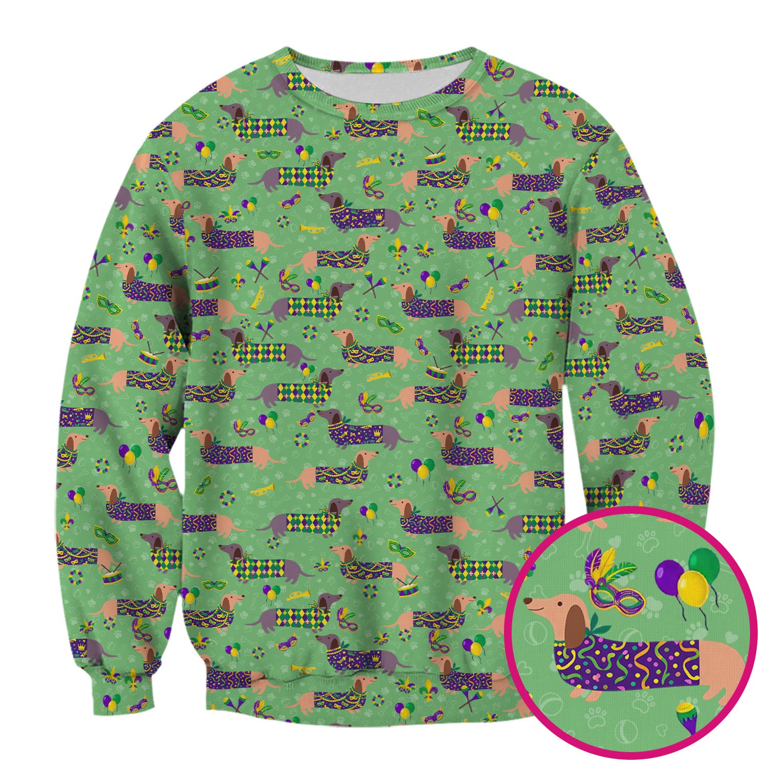 Mardi Gras Dachshund Nurse Scrub Top, Wiener Dog Holiday Pattern Nurses Shirt, Comfortable Uniform Scrubs For Nursing