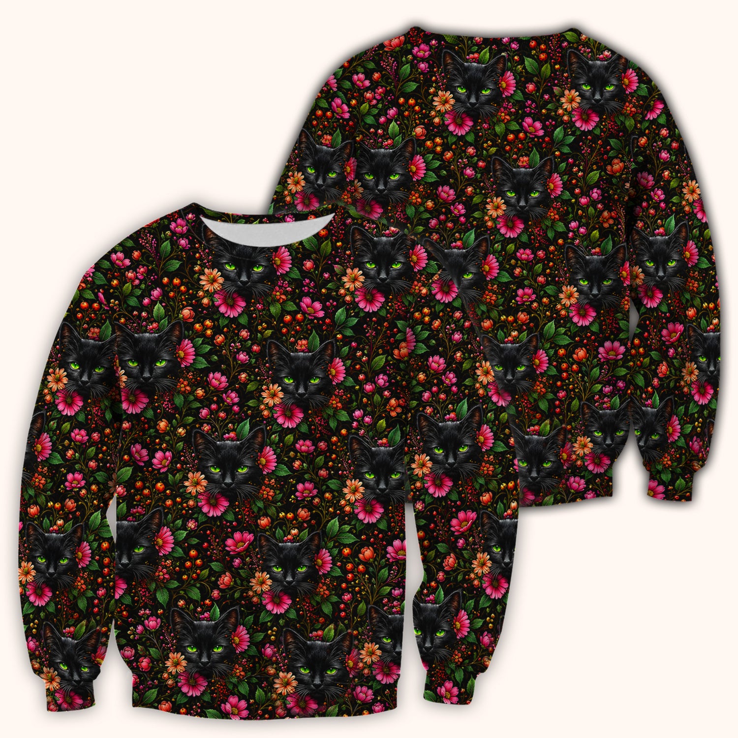 Adorable Black Cat Blossom Pattern Scrub Top, Comfortable Scrubs for Nurses