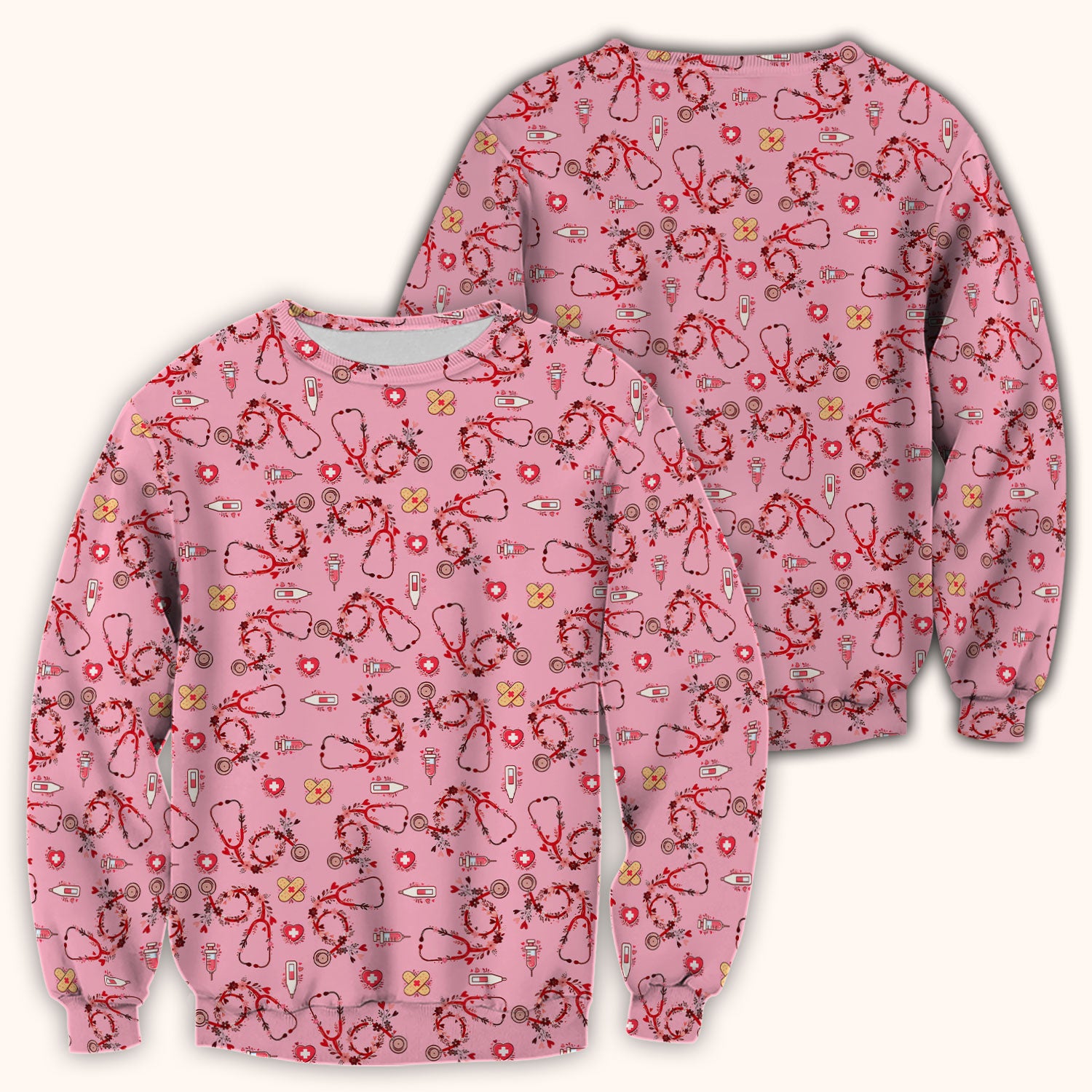 Heart Stethoscope Medical Pattern Scrub Top, Breathable Fabrics Nursing Uniform