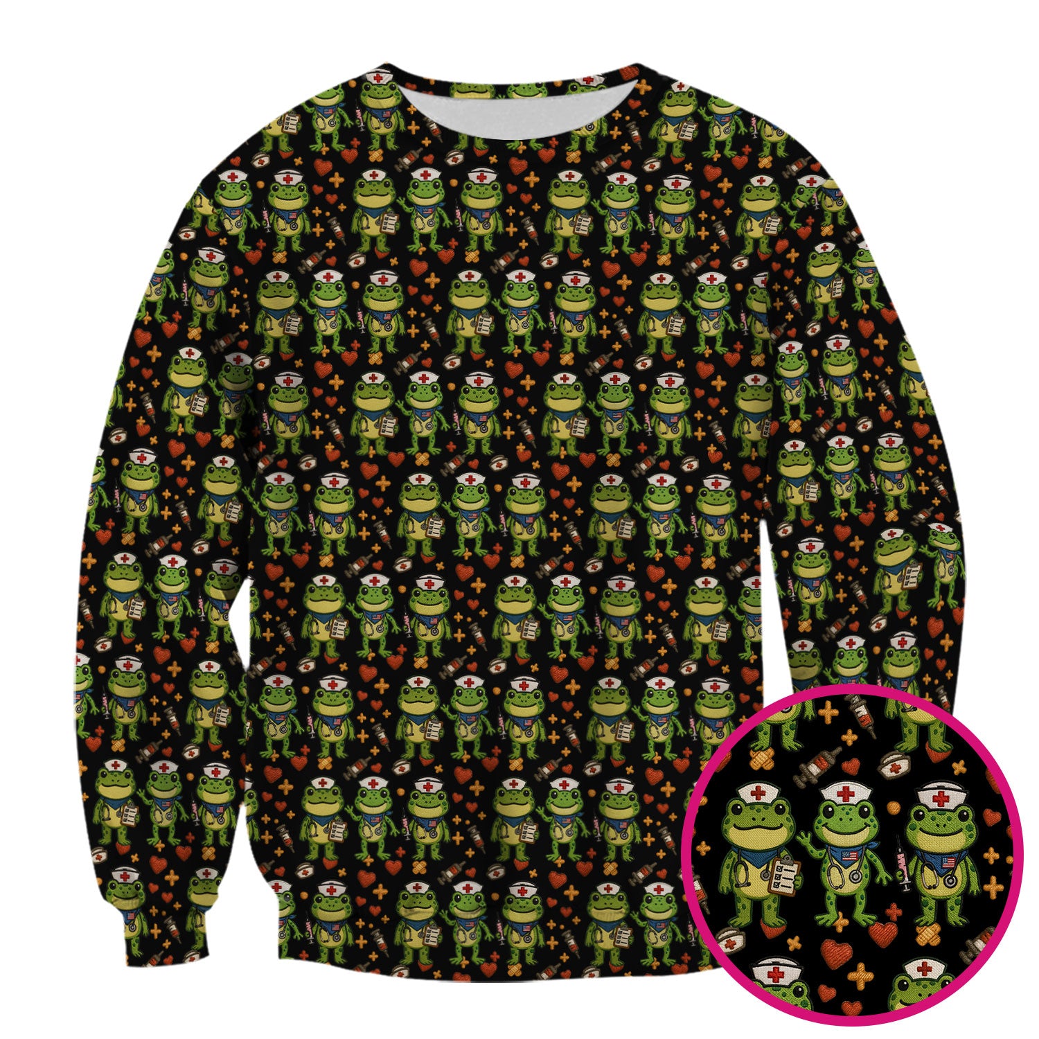 Frog Pattern Scrub Top, Cute Frog Scrub Shirt, Breathable Fabrics Nursing Uniform