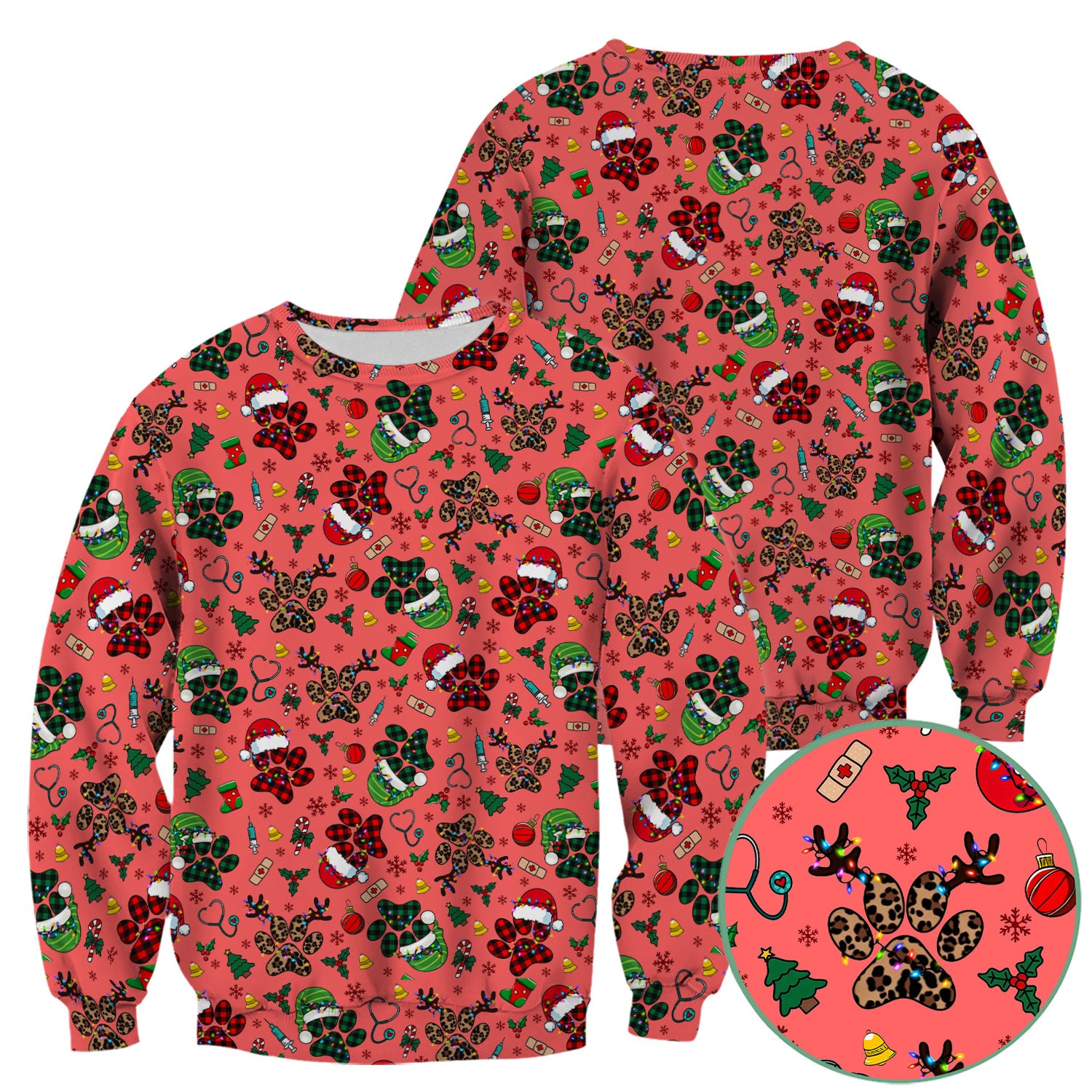 Christmas Paw Print Scrub Top for Nurses - Cute Leopard Holiday Pattern - Funny Festive Medical Uniform Gift