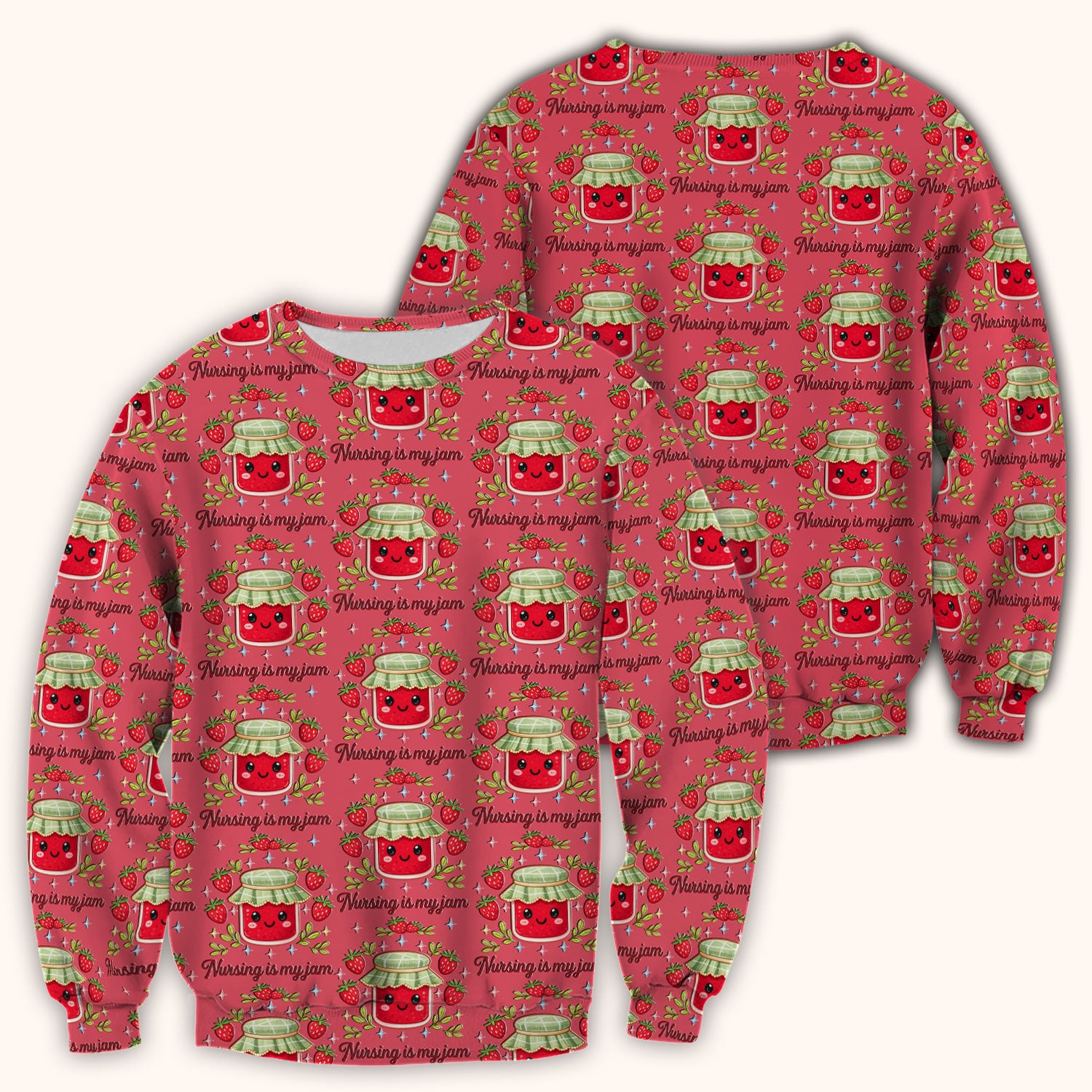 Cute Strawberry Jam Nurse Pattern Scrub Top, Breathable Fabrics Nursing Uniform