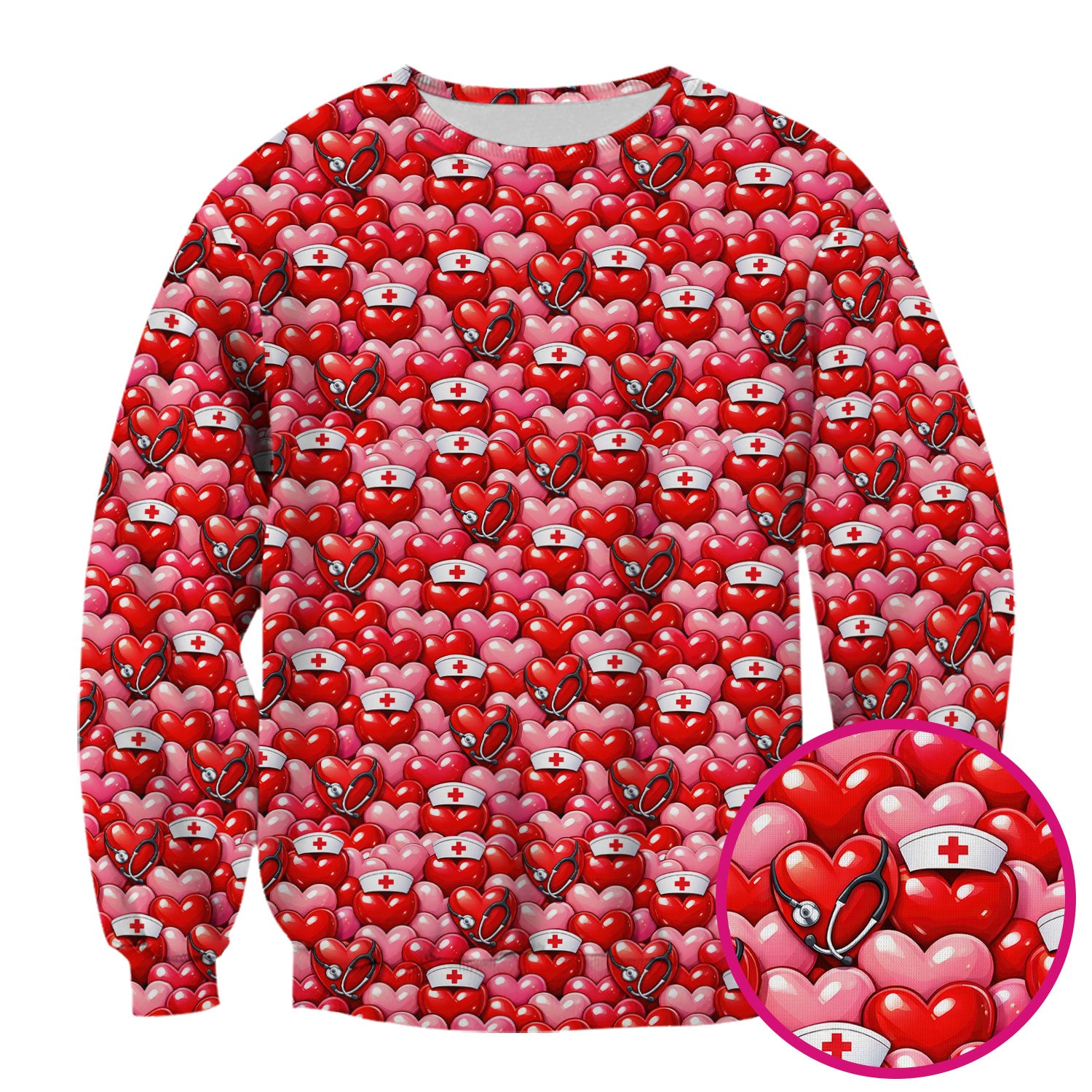 Valentine Pattern Nurse Scrub Top, Heart With Stethoscope Love Medical Shirt For Women, Breathable Fabrics Nursing Uniform