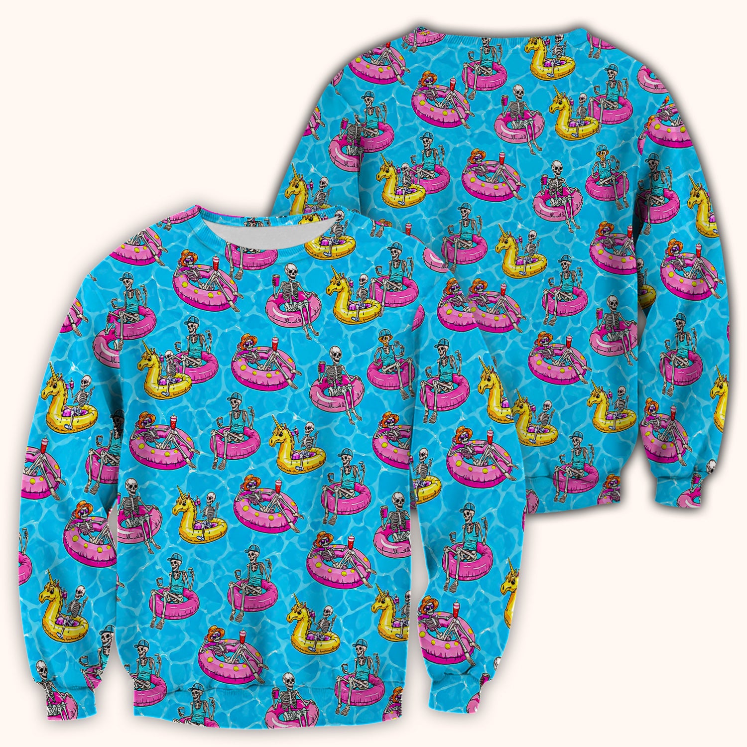 Summerween Skeleton with Pool Float Print Scrub Top, Comfortable Scrubs for Nurses