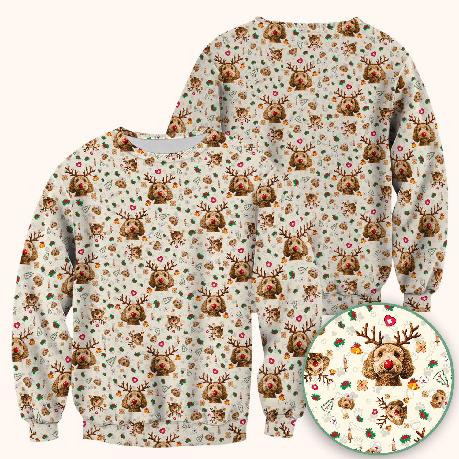 Labradoodle Reindeer Christmas Scrub Top - Funny Dog Nurse Shirt - Cute Holiday Medical Uniform for Women RN LPN CNA Gift