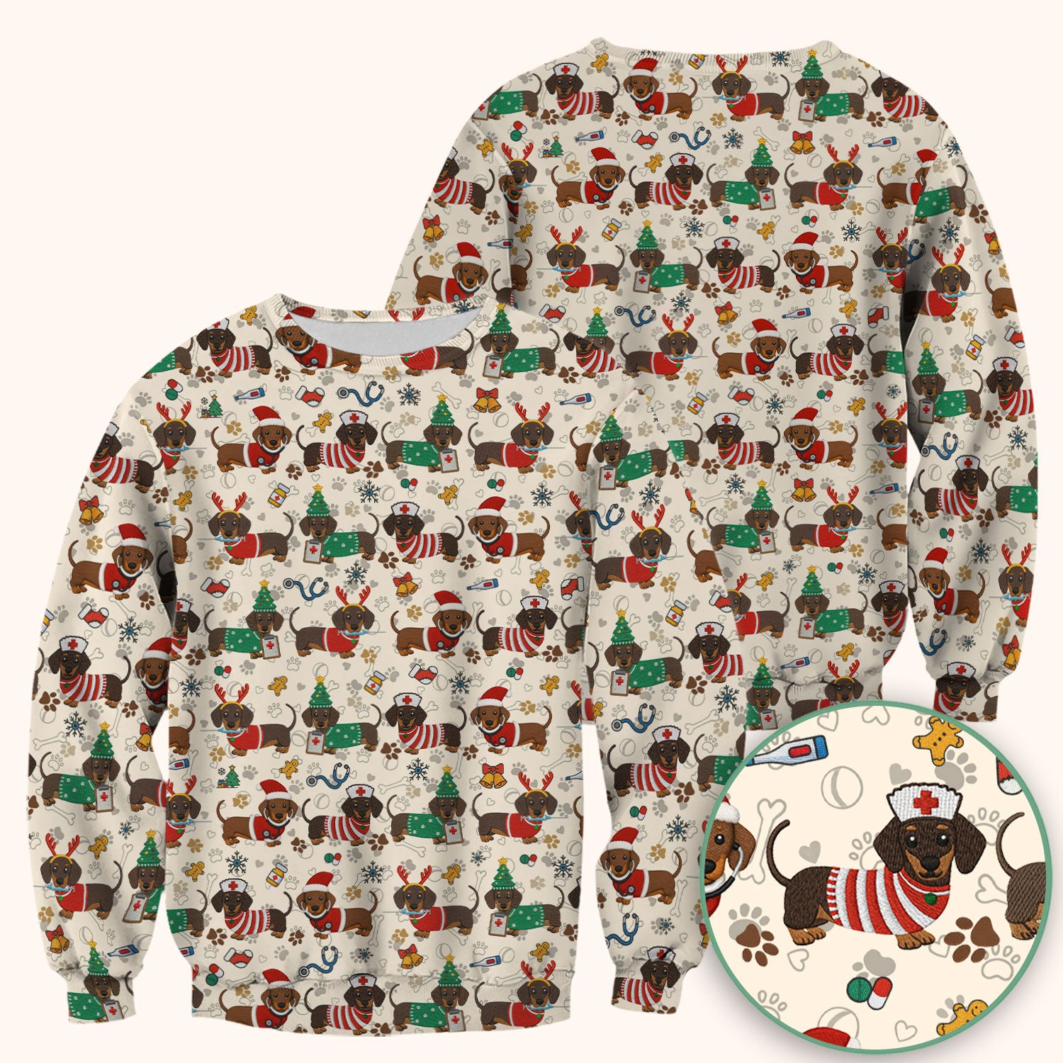 Christmas Dachshund Scrub Top for Nurses - Cute Wiener Dog Pattern Medical Shirt - Festive Holiday Scrubs Gift for Women RN CNA LPN