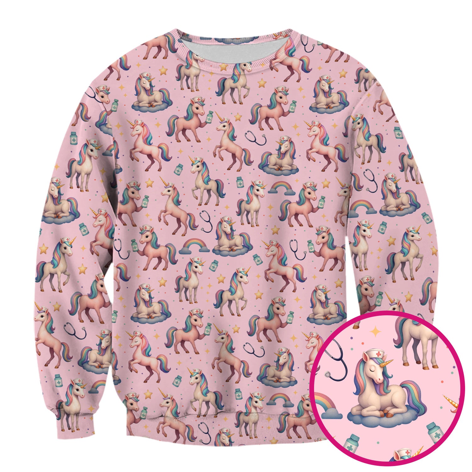 Cute Unicorn Nurse Scrub Top for Women - Rainbow Pastel Pattern Medical Shirt - Fun Fantasy Gift for RN LPN CNA Pediatric Nurses