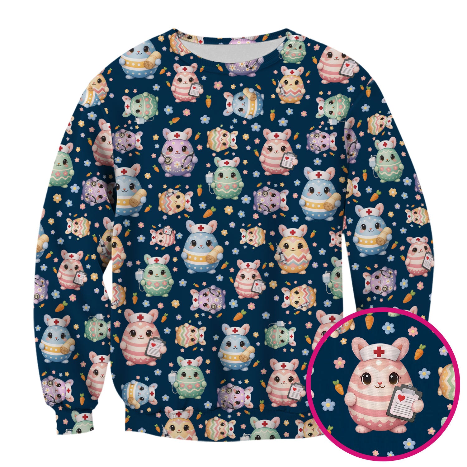 Cute Nurse Bunny Pastel Floral Print Scrubs, Breathable Fabrics Nursing Uniform, Easter
