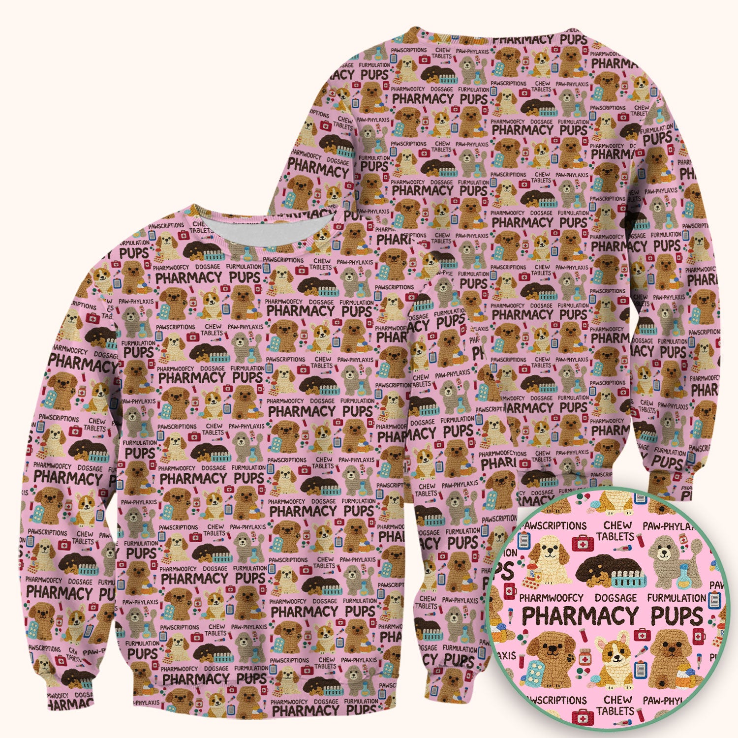 Pharmacy Pups Scrub Top for Women - Cute Dog Pattern Medical Shirt for Pharmacists & Vet Techs - Fun Blue Pharmacy Nurse Uniform