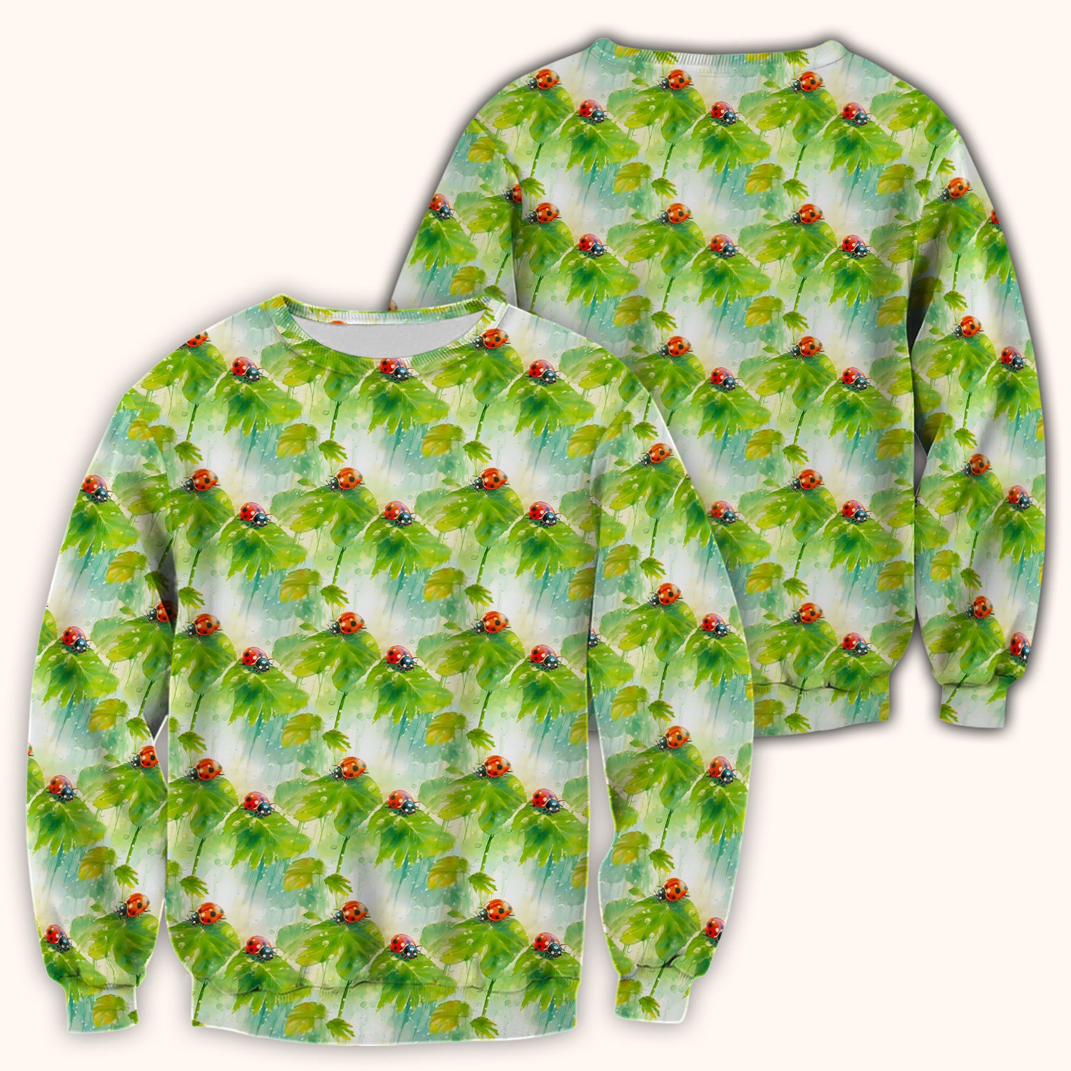 Ladybugs On Rainy Leaves Pattern Scrub Top, Comfortable Scrubs for Nurses