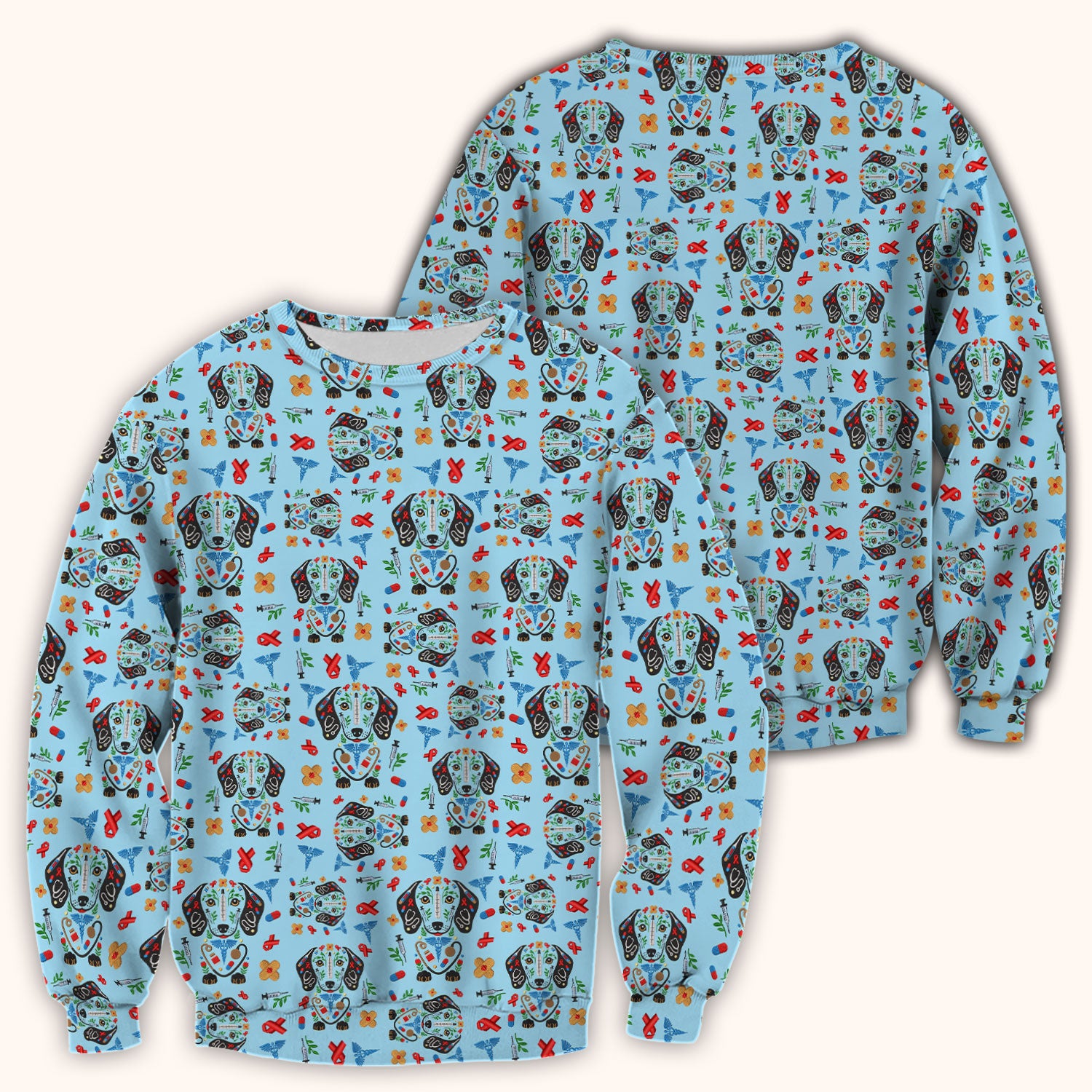 Dachshund Medical Icon Pattern Scrub Top, Comfortable Scrubs for Nurses