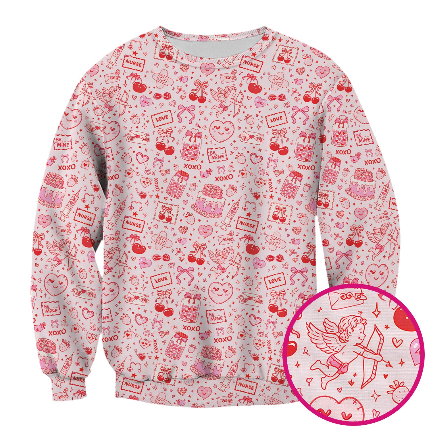 Valentine Pink XOXO Pattern Nurse Scrub Top, Comfortable Uniform Scrubs For Nursing