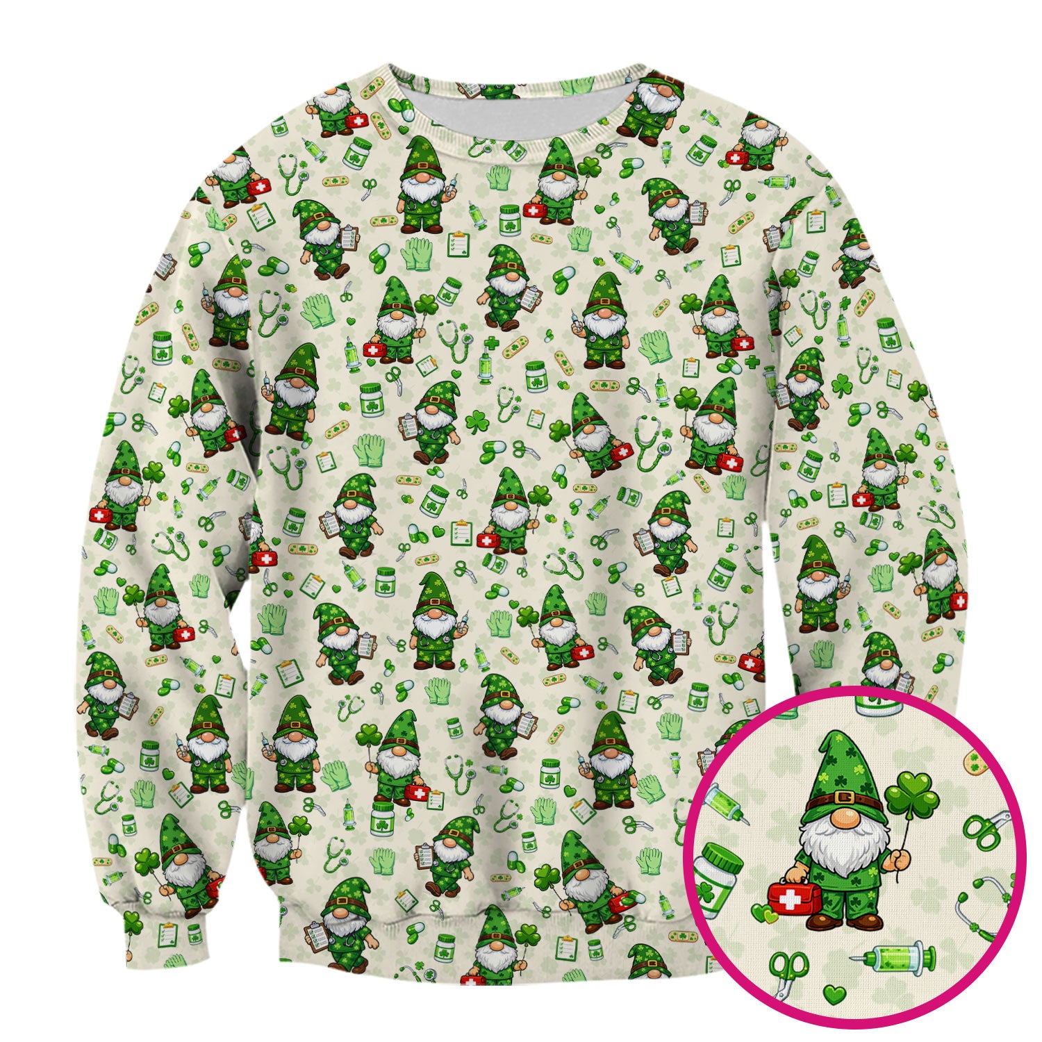 St. Patrick’s Day Nurse Gnome Scrub Top, Green Lucky Medical Pattern Nurse Shirt, Breathable Fabrics Nursing Uniform