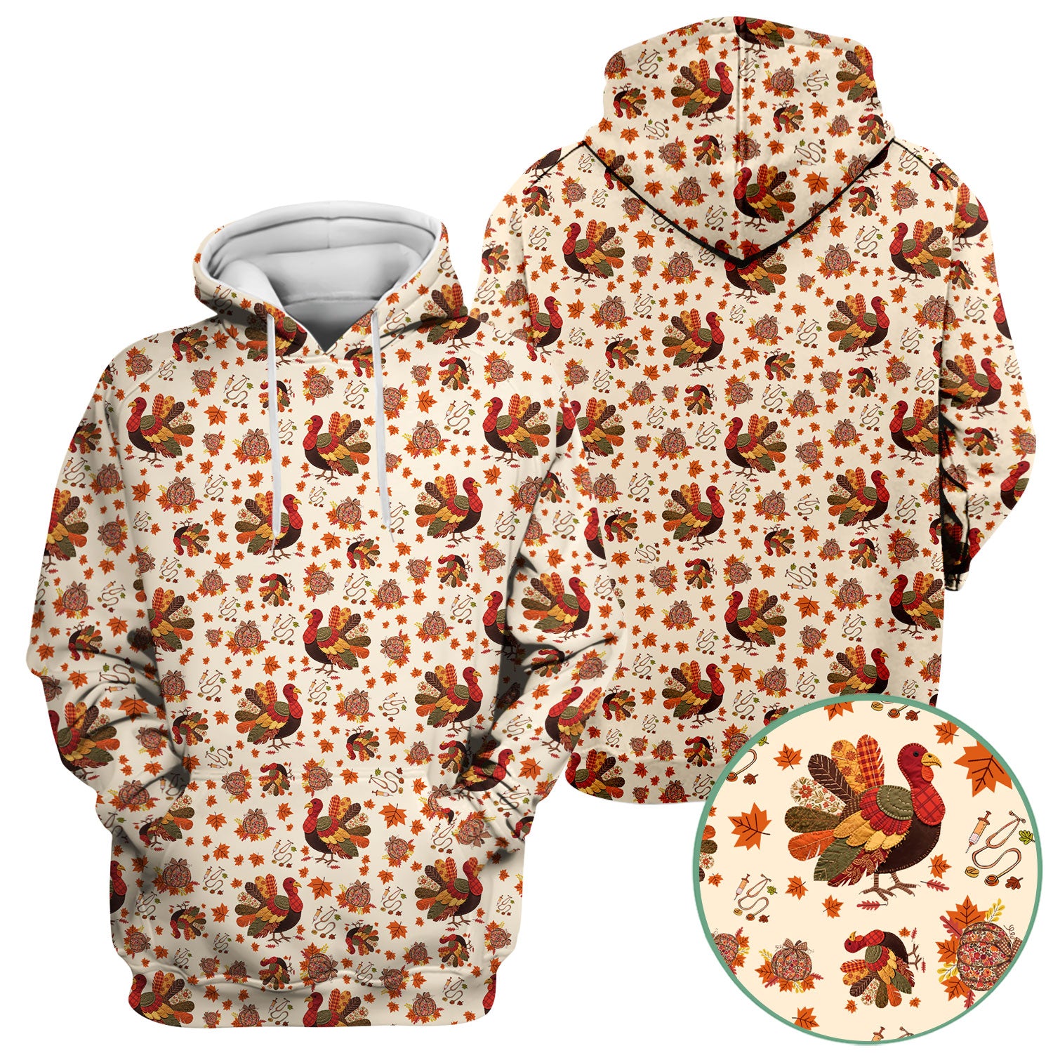 Thanksgiving Turkey Nurse Scrub Top for Women - Fall Leaves Pattern Shirts - Autumn Nursing Uniform Gift for RN LPN CNA