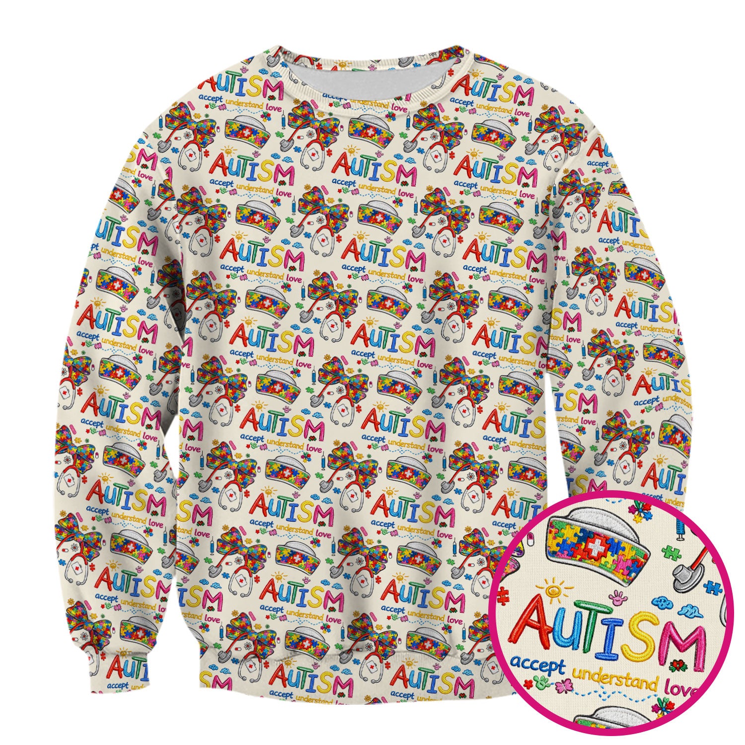 Autism Awareness Pattern Nurse Scrub Top, Accept Understand Love Puzzle Nurses Shirt, Breathable Fabrics Nursing Uniform