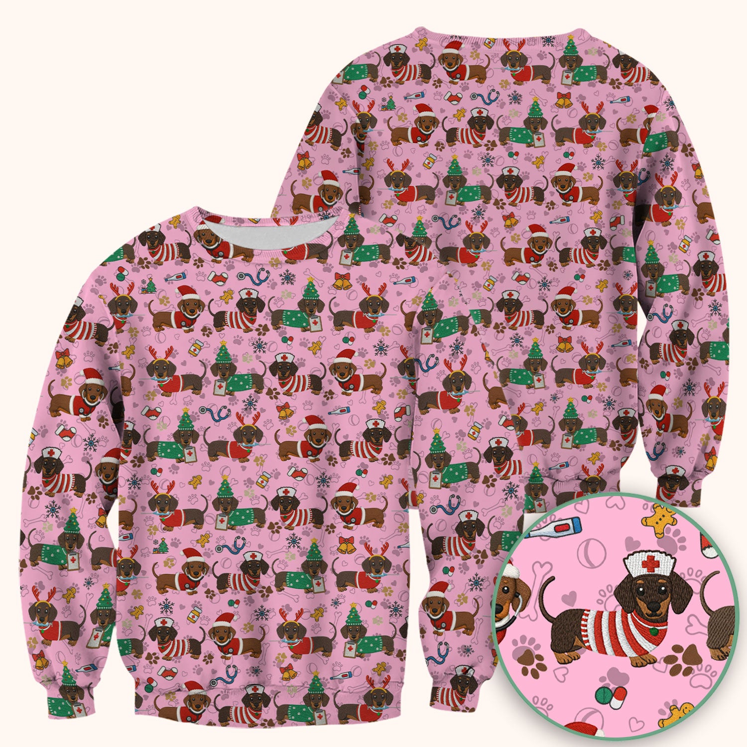 Christmas Dachshund Scrub Top for Nurses - Cute Wiener Dog Pattern Medical Shirt - Festive Holiday Scrubs Gift for Women RN CNA LPN
