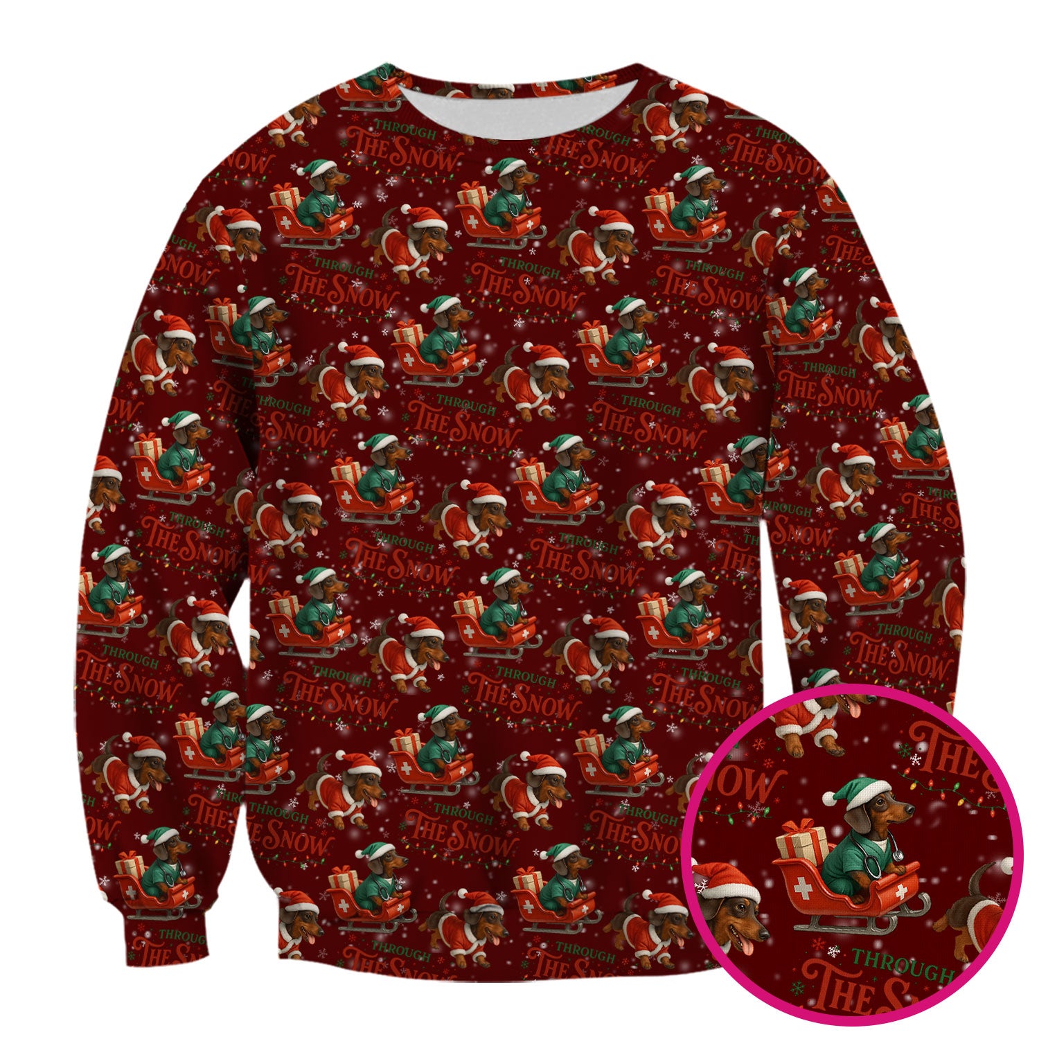 Dachshund Christmas Scrub Top, Cute Dog Nurse Scrub Shirt, Through The Snow Pattern Nursing Uniform
