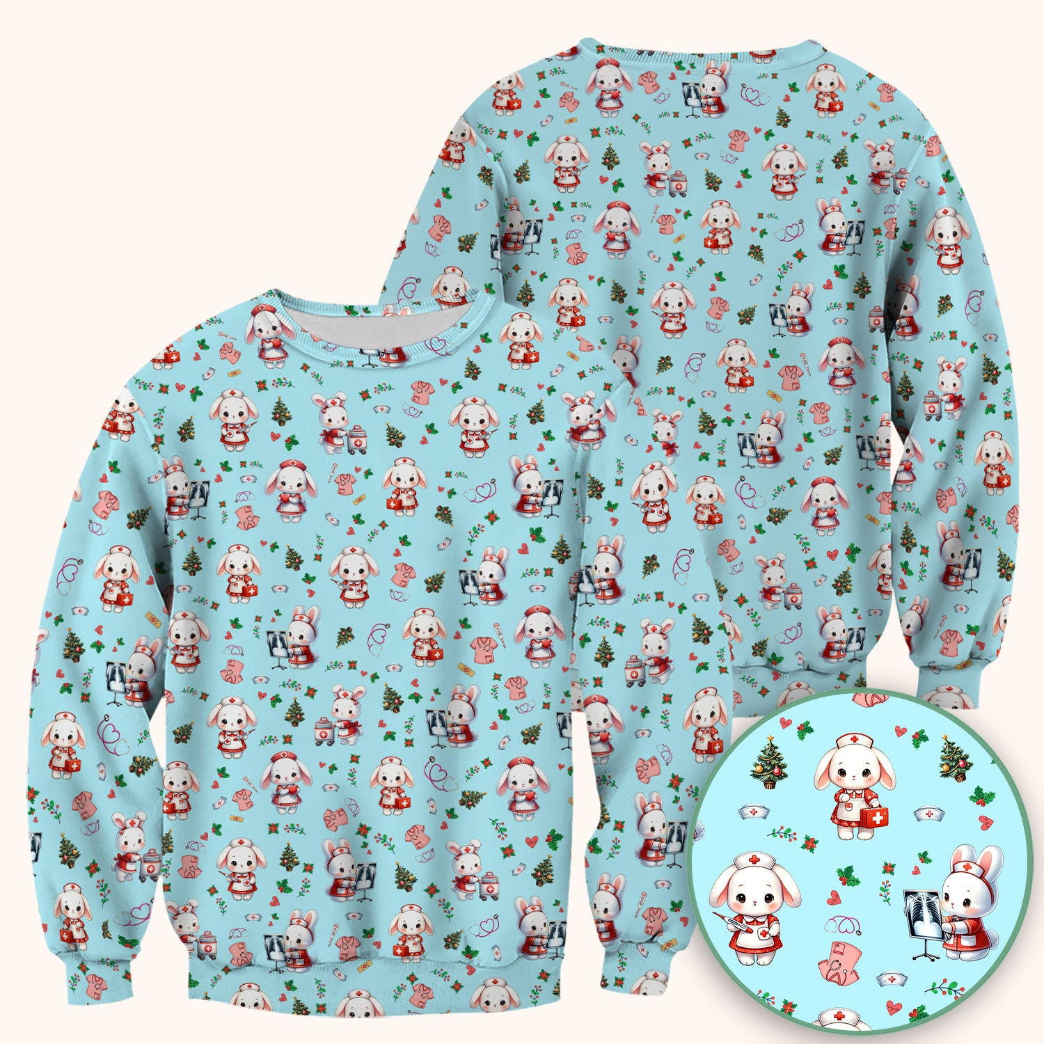 Cute Bunny Scrub Top for Nurse - Adorable Christmas Rabbit Shirt - Funny Holiday Medical Shirt Gift for Women RN LPN CNA